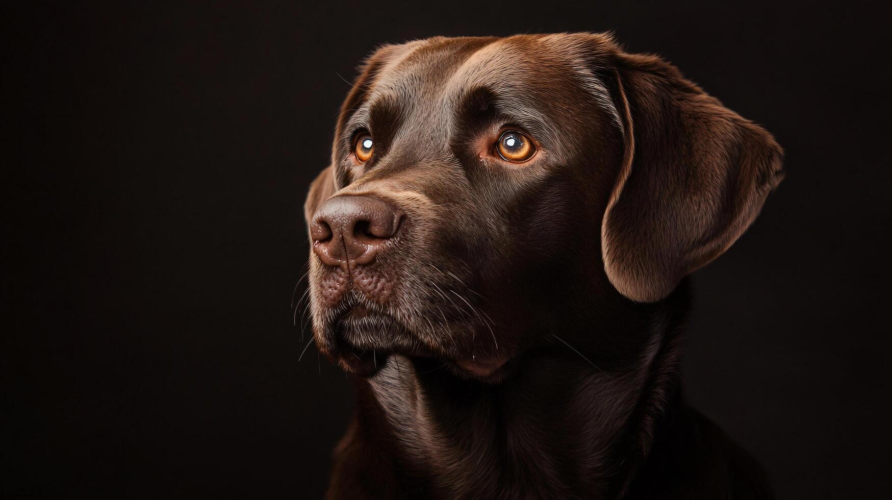 Brown dog with a black nose and brown eyes is staring at the camera. The dog's eyes are bright and focused, giving the impression that it is alert and attentive. The dog's fur is shiny photo