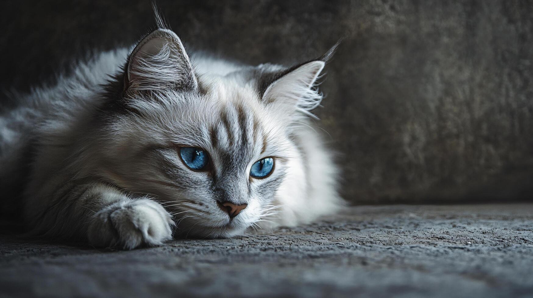 Cat with blue eyes is laying on a grey surface. The cat appears to be relaxed and comfortable photo