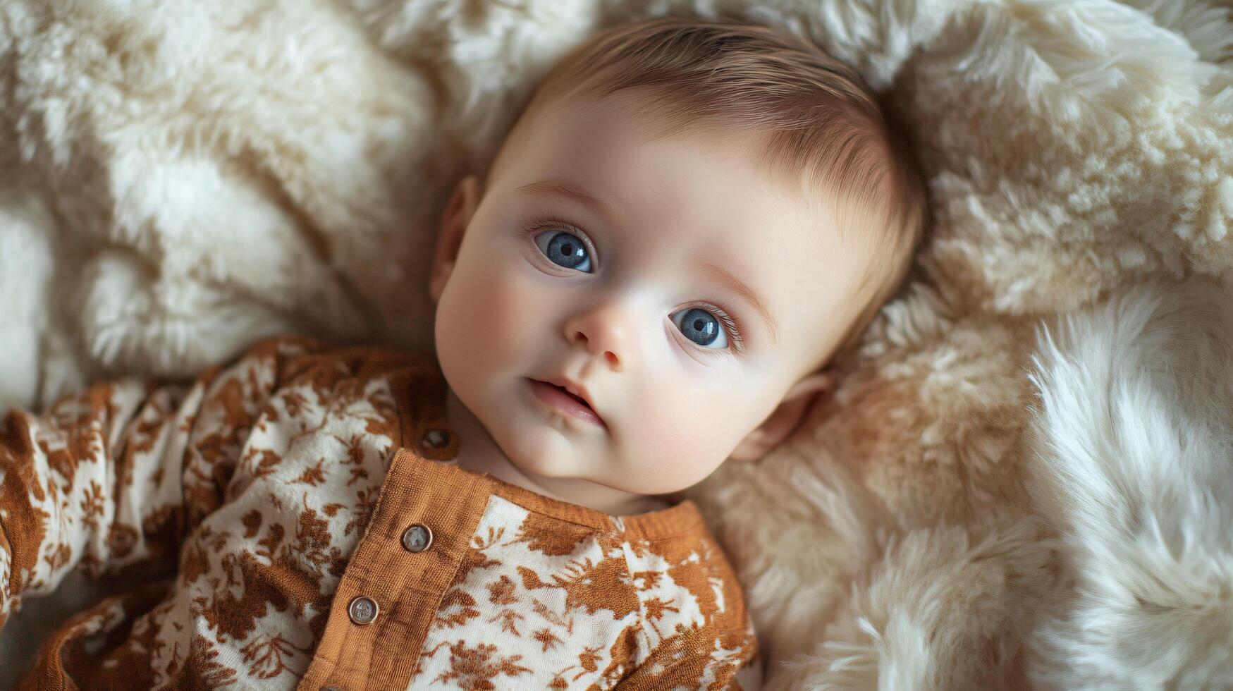 Baby is laying on a white blanket with a brown sweater on. The baby has blue eyes and a cute smile photo