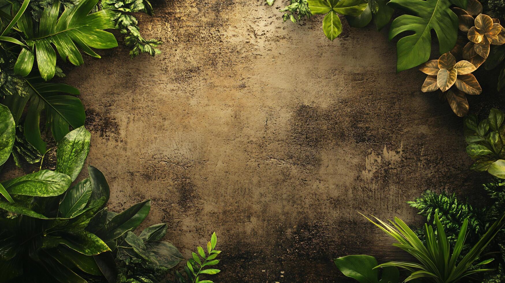 Lush green jungle with a dirt ground and a large leafy plant. The image has a natural and peaceful mood photo