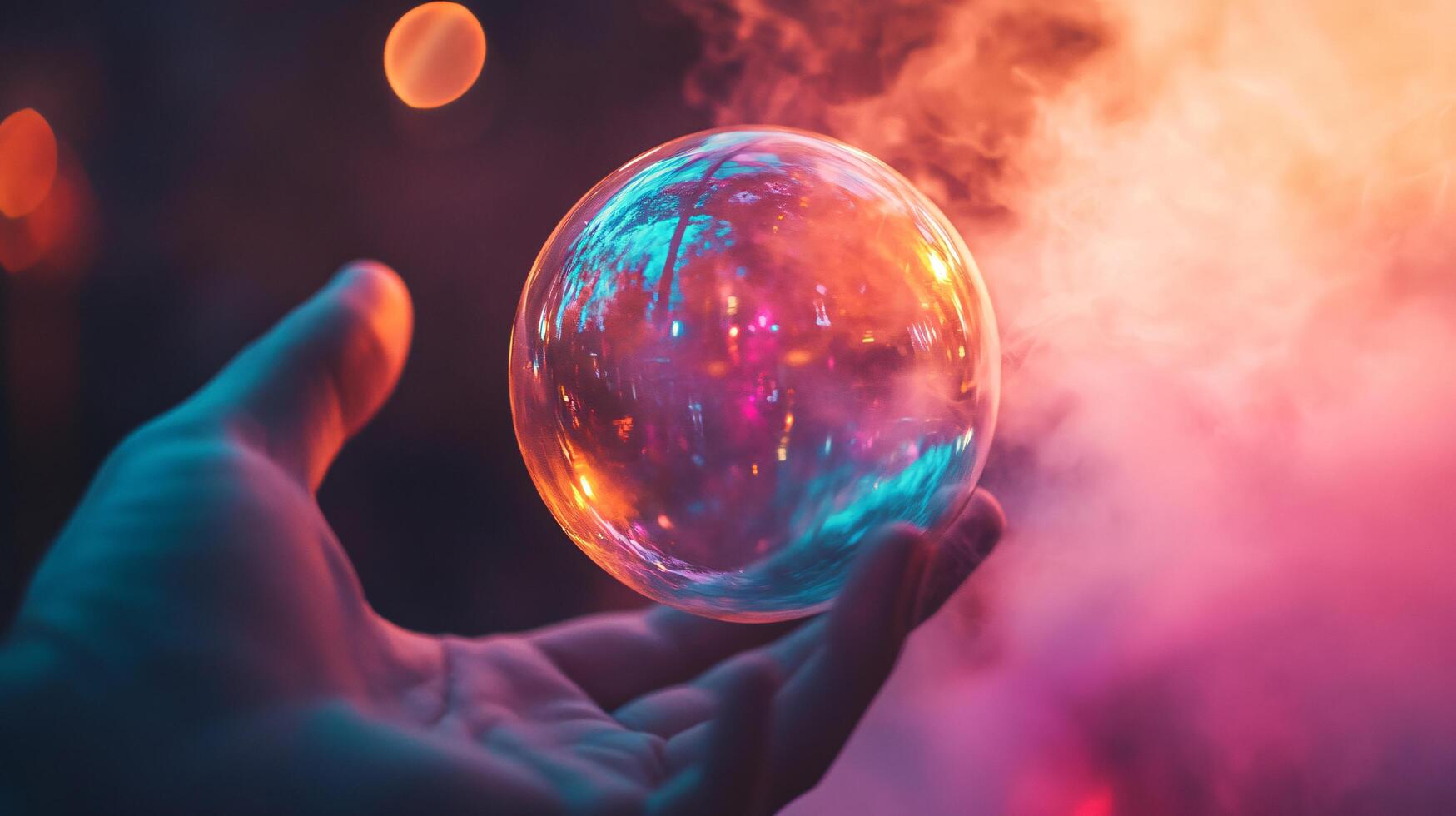 Hand holding a bubble in the air. The bubble is surrounded by a colorful smoke. Concept of wonder and magic, as the bubble seems to be floating in the air, almost as if it's alive photo