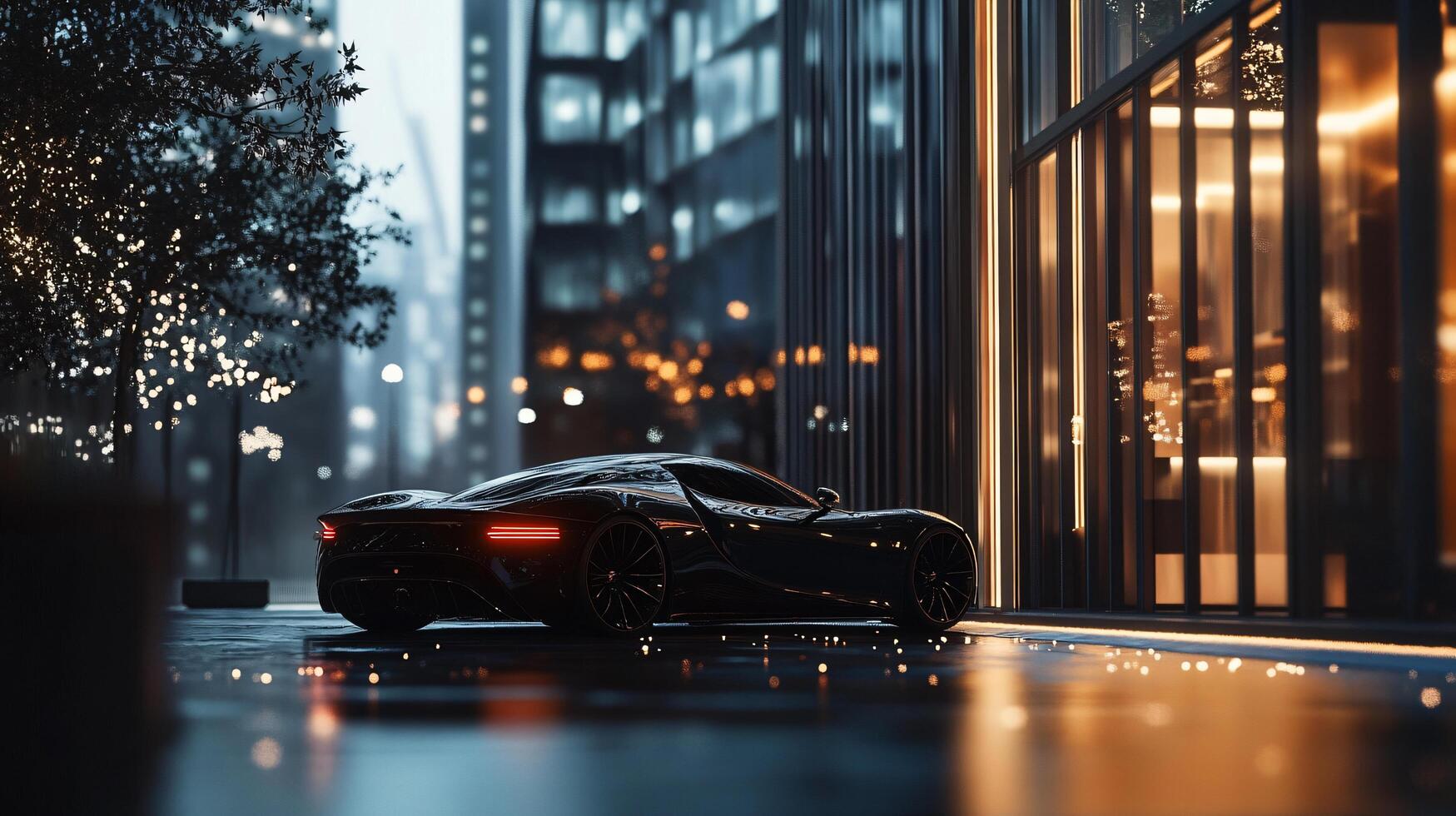 Black car is parked on a wet street in front of a tall building. The car is surrounded by a blurry background, giving the impression of a nighttime scene. Scene is mysterious and somewhat ominous photo