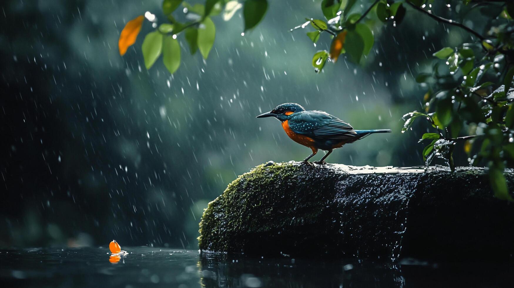 Bird is standing on a rock in the rain. The bird is looking to the left photo