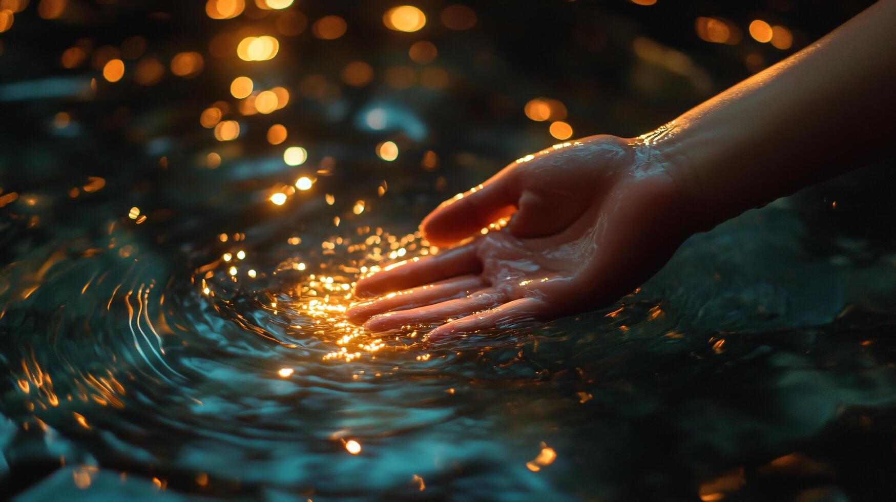 Hand is in the water, and the water is reflecting the light from the sun. The reflection of the hand is creating a beautiful and serene scene photo