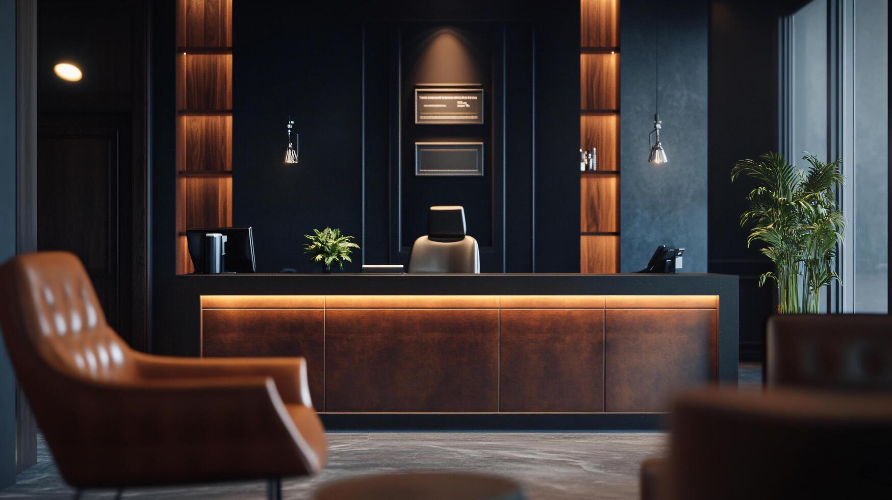Modern office with a brown leather chair and a desk with a laptop. The room is dimly lit and has a minimalist design photo