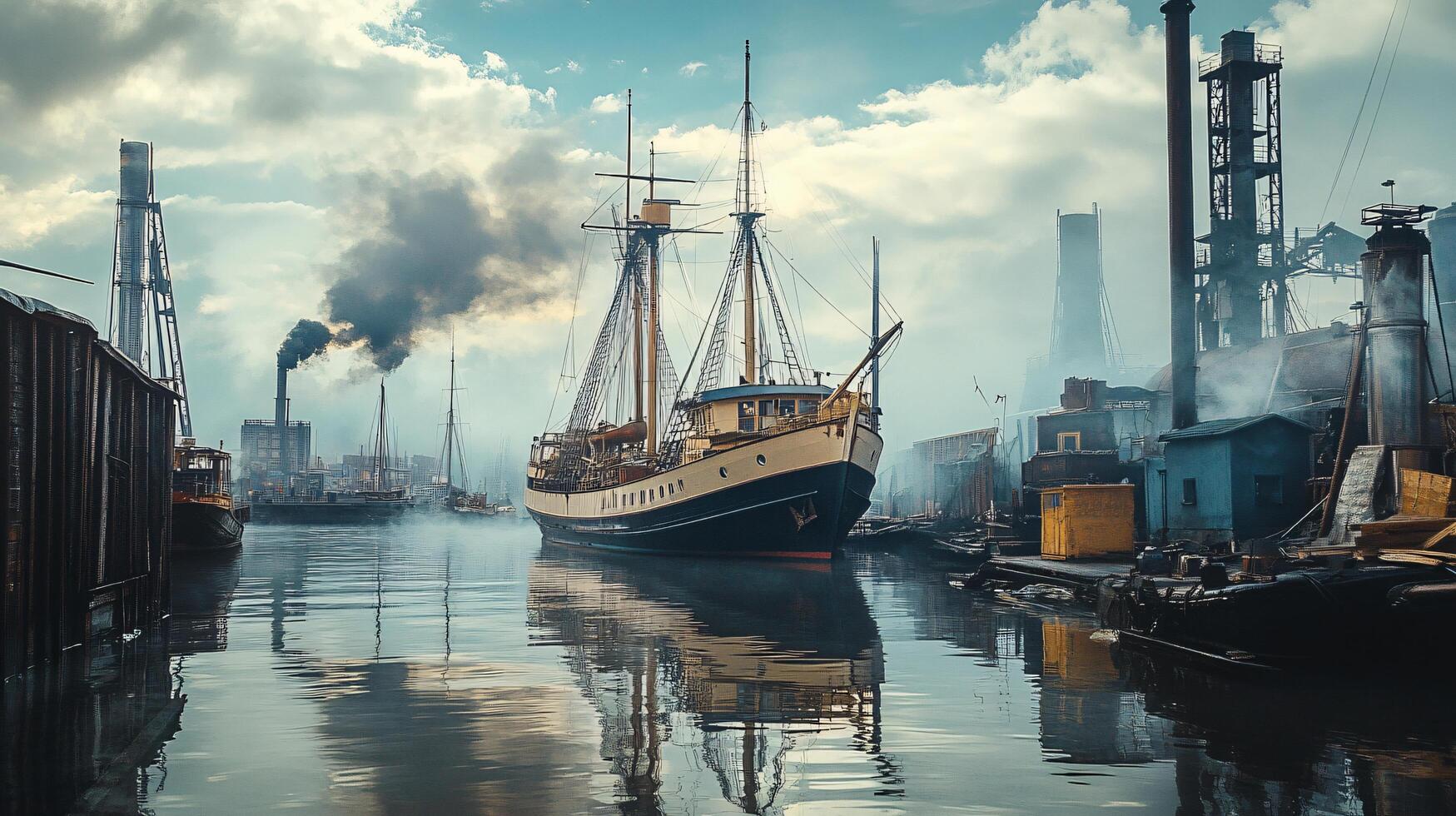 Large ship is docked in a harbor with a lot of smoke coming from the nearby factories photo