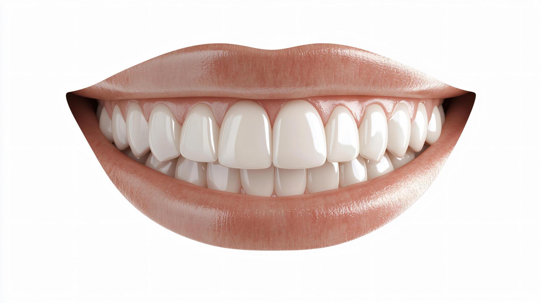 Close up of a woman's teeth with a white background. The teeth are clean and white, and the woman's lips are closed. Concept of cleanliness and good dental hygiene photo