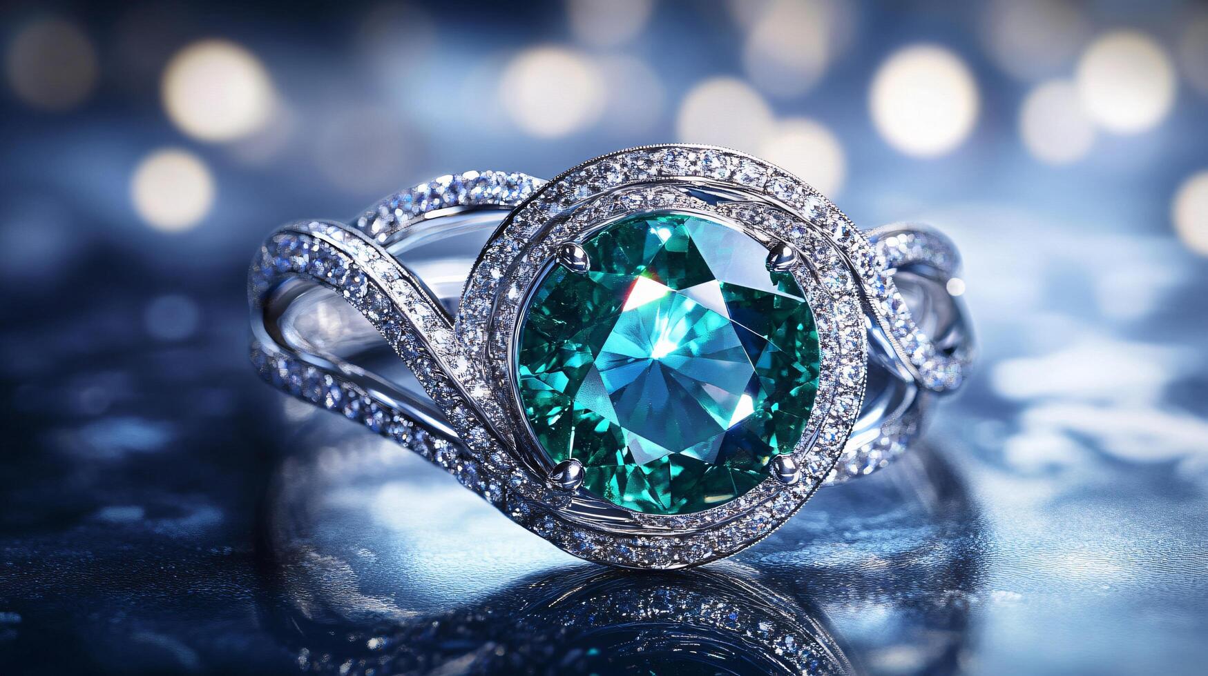 Beautiful blue and white ring with a diamond in the center. The ring is set in a blue background photo