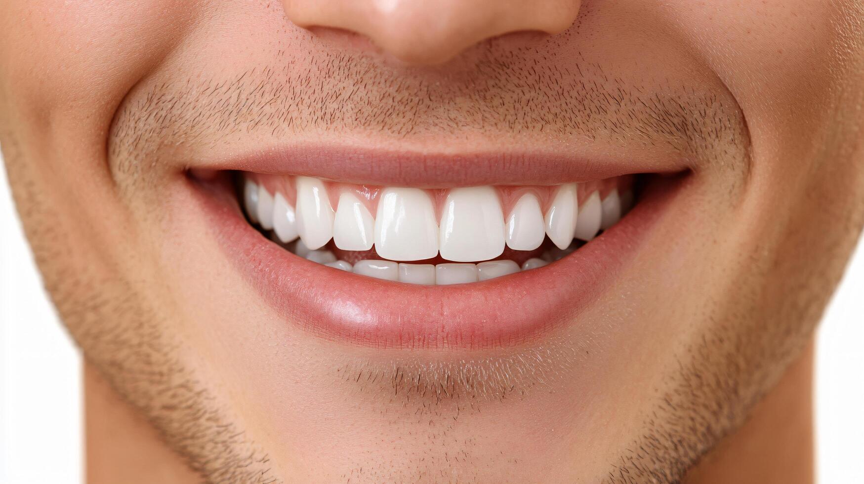 Man with a white smile showing his teeth. The man's teeth are clean and white, and he is smiling photo