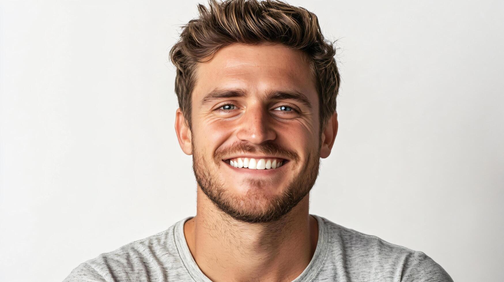 Man with a beard and a smile on his face. He is wearing a gray shirt. Concept of happiness and positivity photo