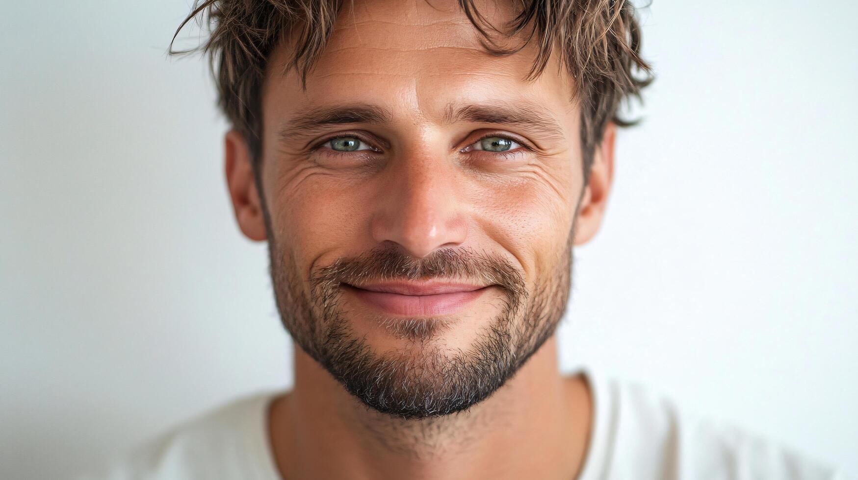 Man with a beard and a smile on his face. He is wearing a white shirt. Concept of happiness and positivity photo