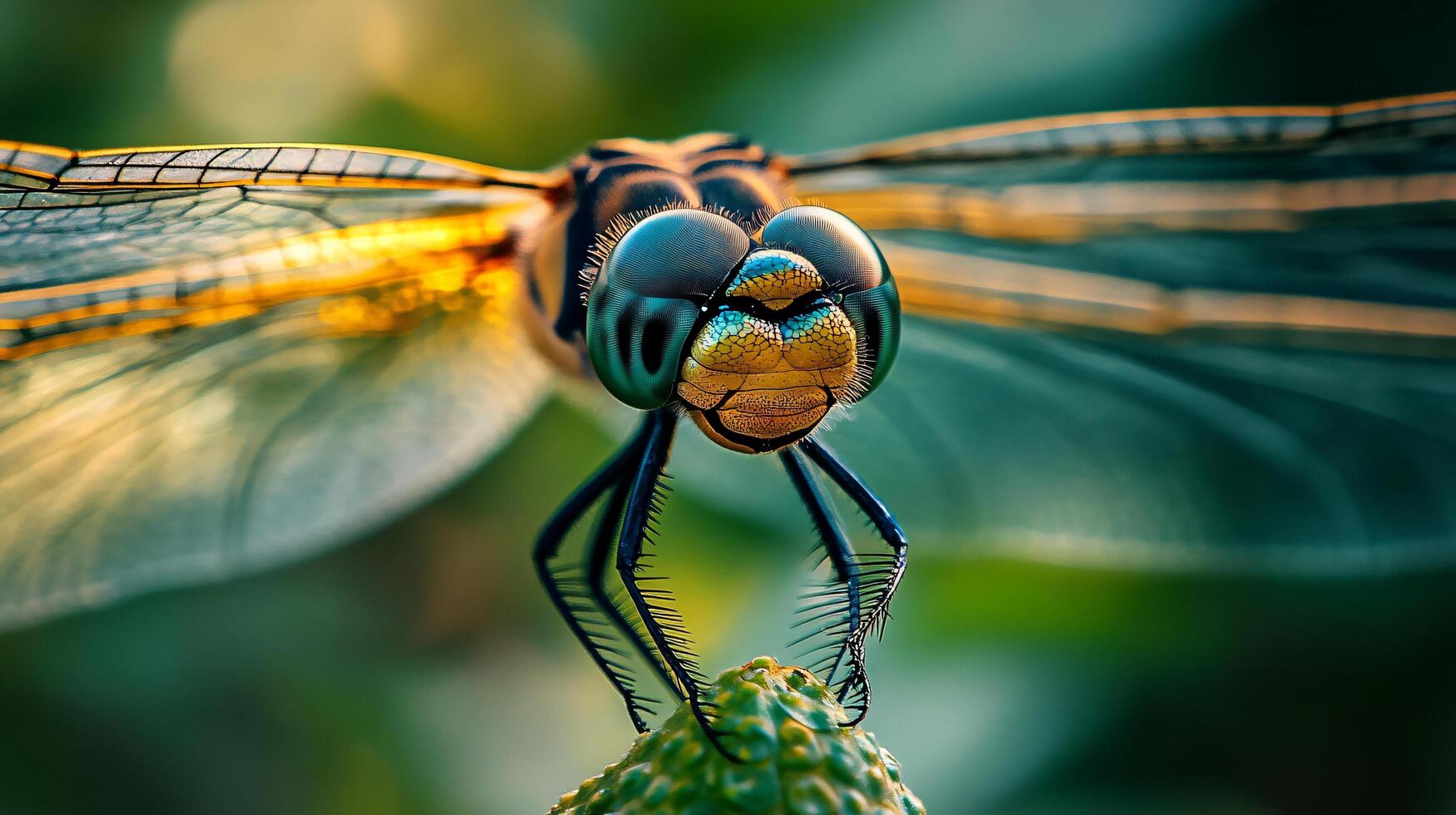 Dragonfly is perched on a leaf. The dragonfly is blue and yellow. The leaf is green photo