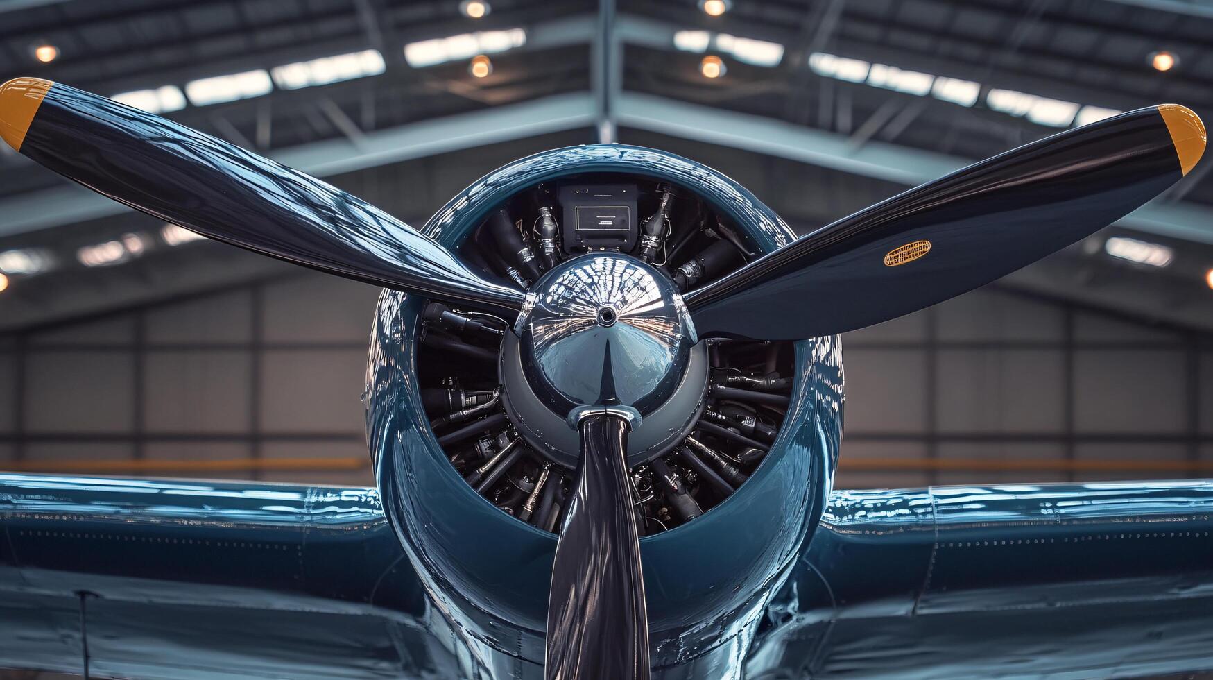 Propeller plane is on display in a hangar. The plane is blue and has a large propeller on the front. The hangar is well lit, and the plane is the main focus of the image photo