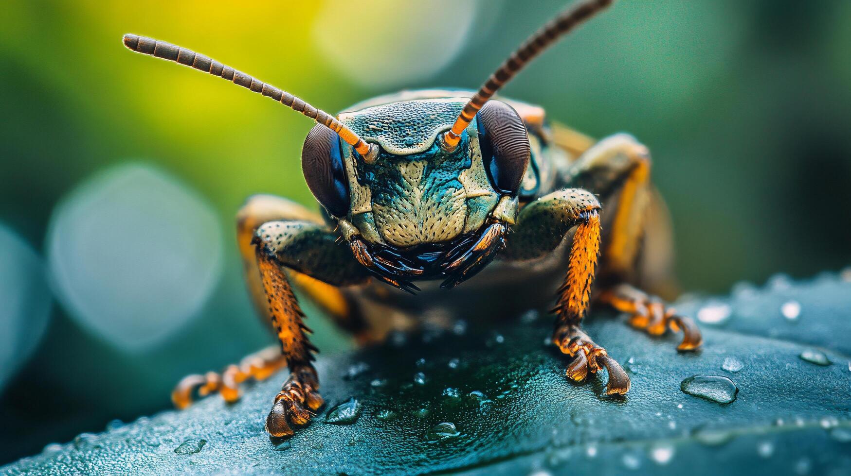 Bug with a blue head is standing on a leaf. The bug is looking at the camera photo