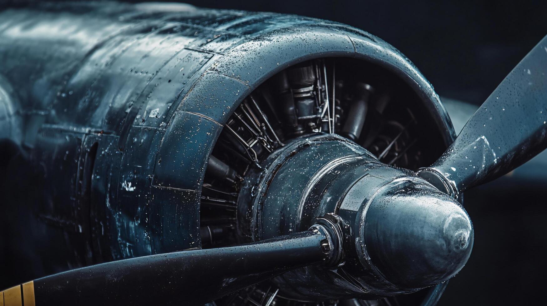 Close up of a propeller on an airplane. The propeller is wet and has a yellow stripe photo