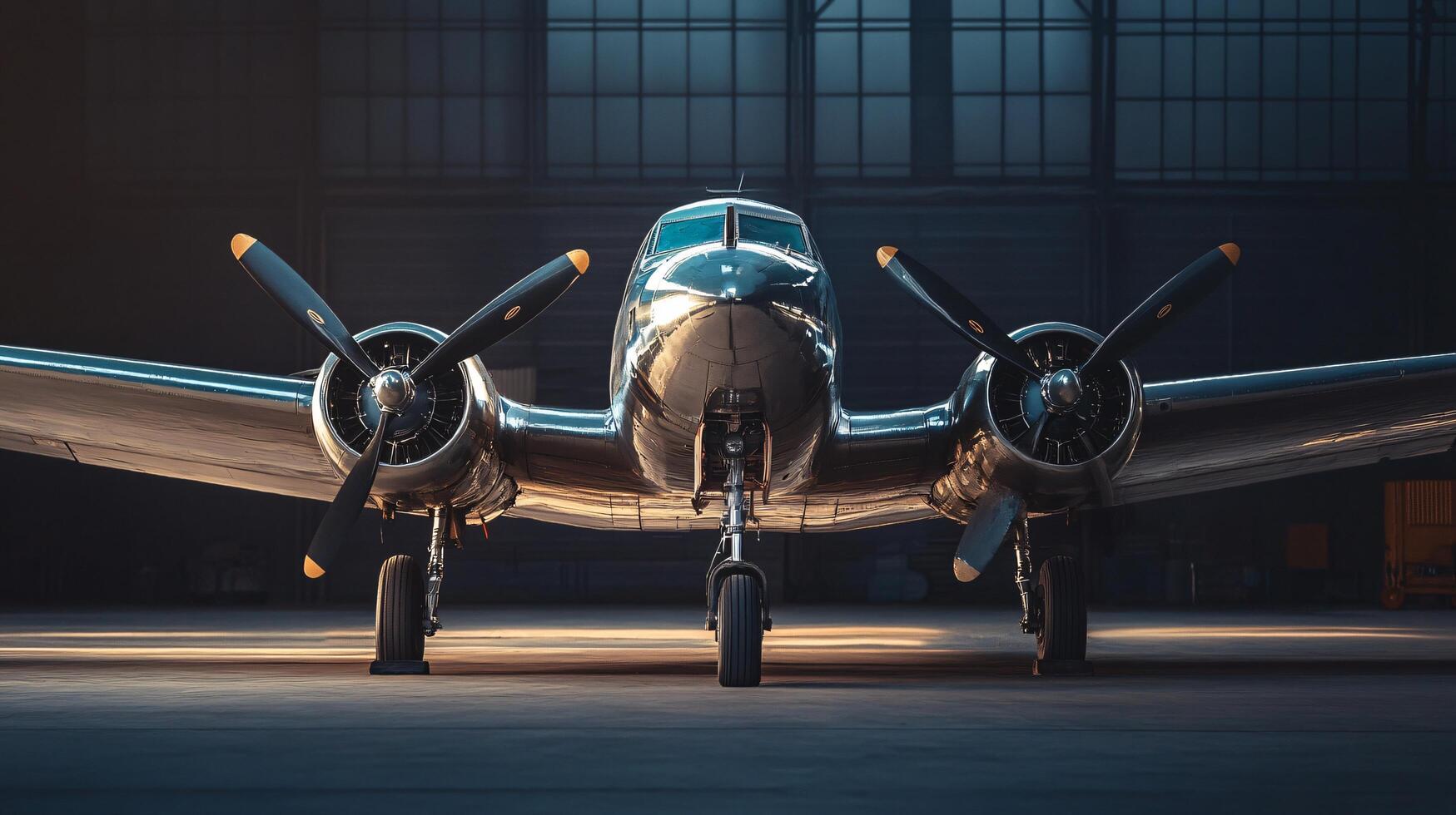 Silver airplane is parked on the runway. The plane has two propellers and is in a hangar photo