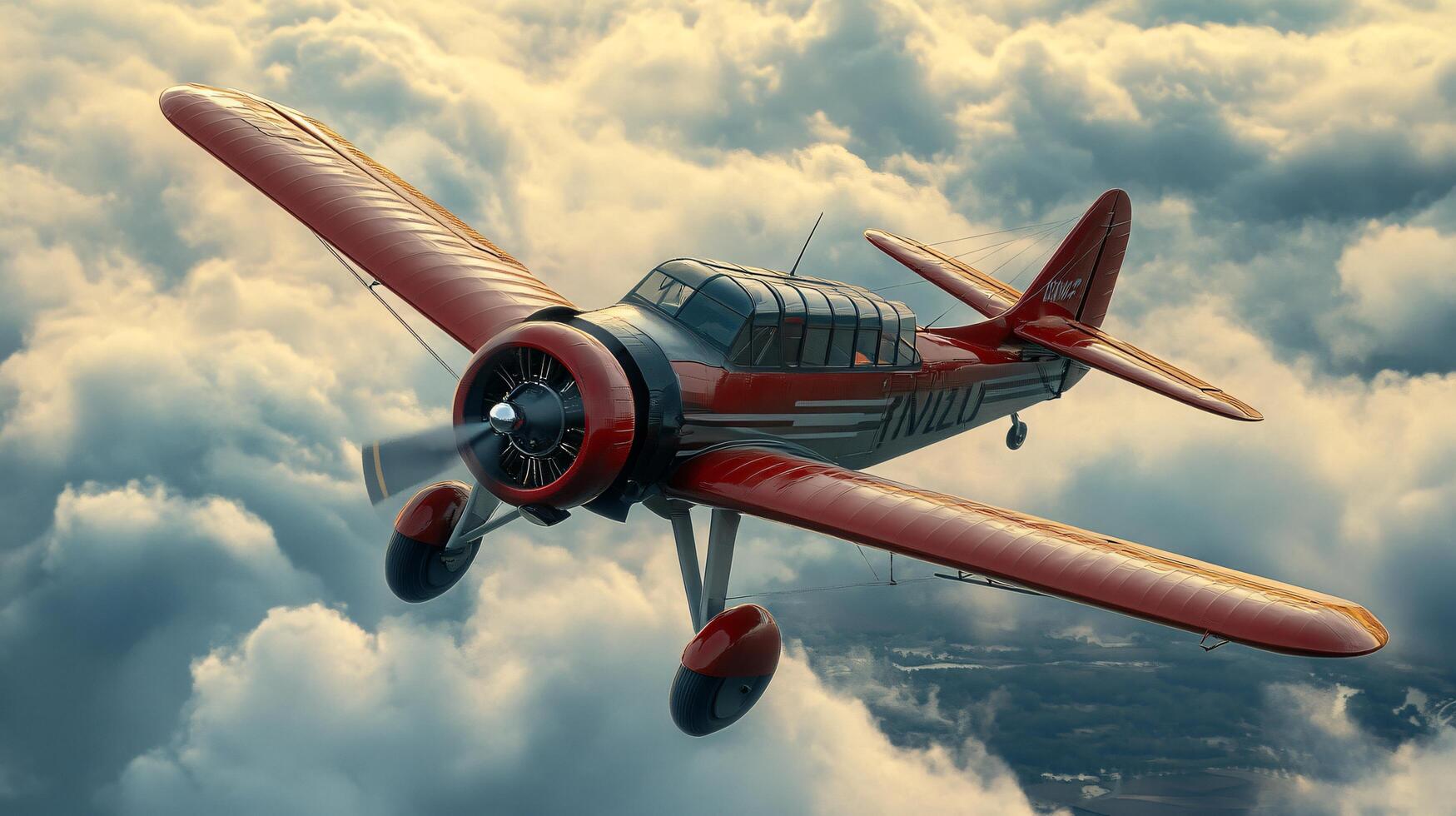 Red airplane is flying through a cloudy sky. The clouds are white and fluffy, and the plane is the only object in the sky photo