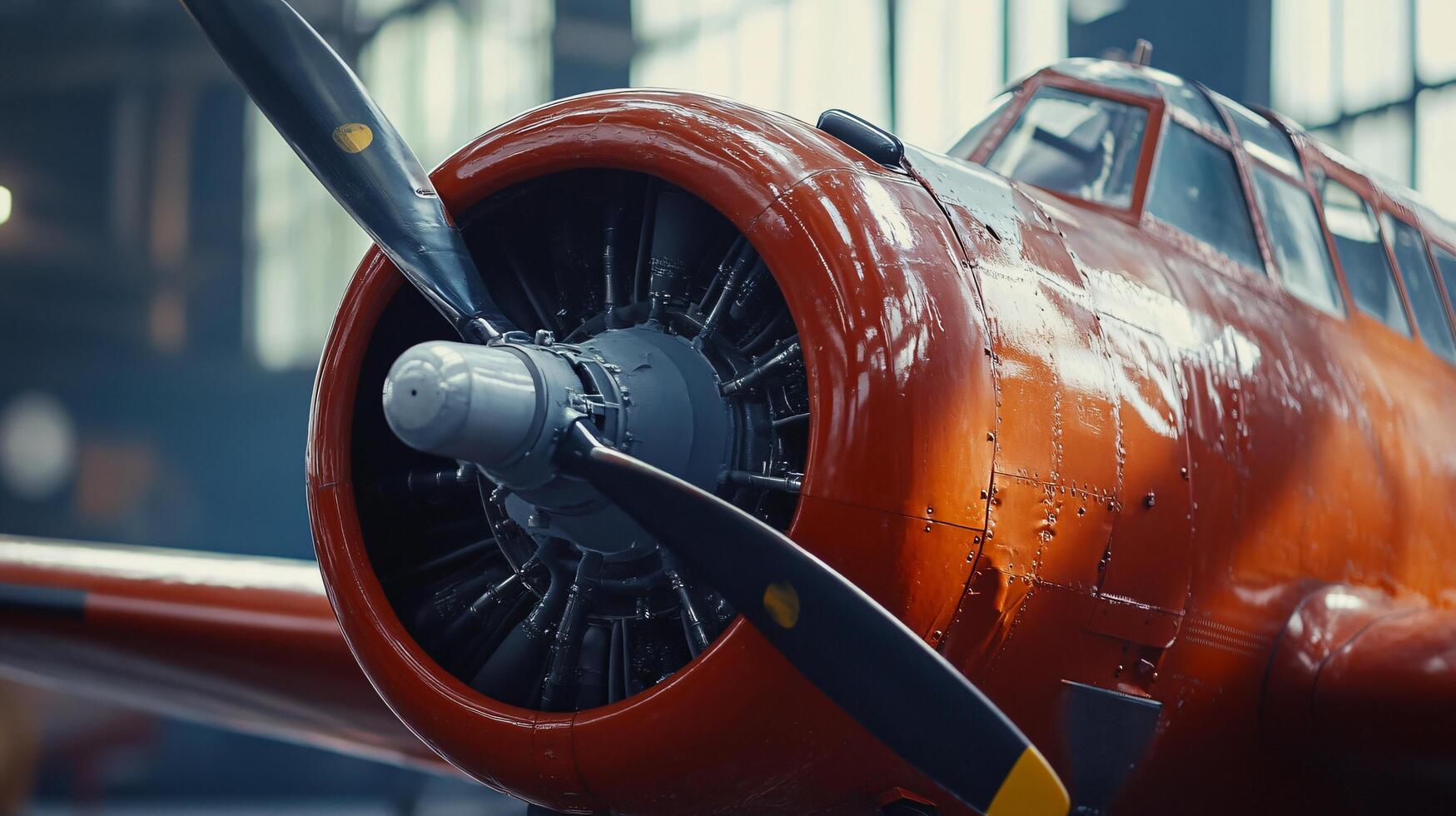 Red airplane with a propeller on the front. The propeller is black and has yellow stripes photo