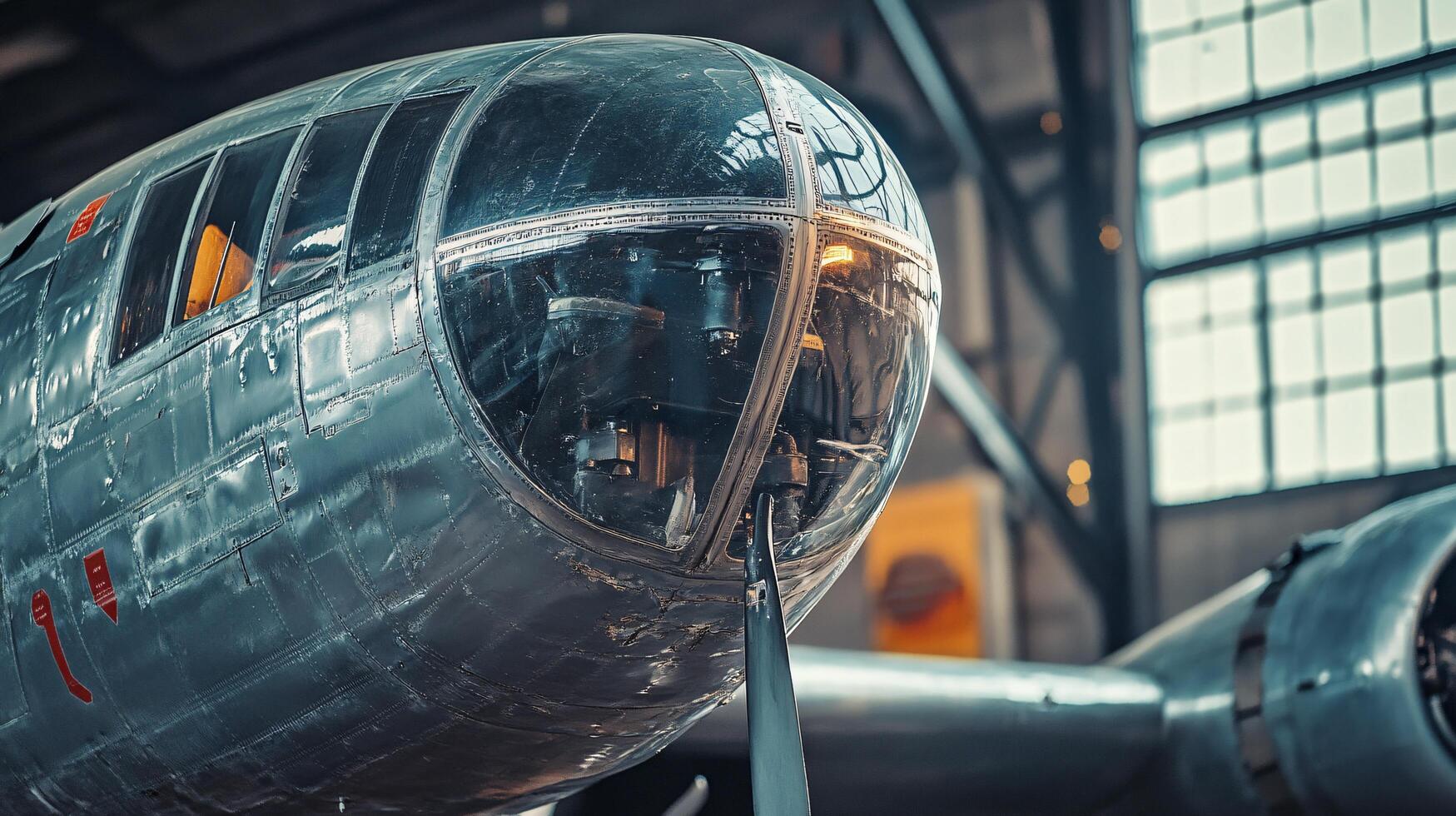 Silver airplane with a large window on the front. The airplane is in a hangar. The hangar is dark and the airplane is the only thing visible photo