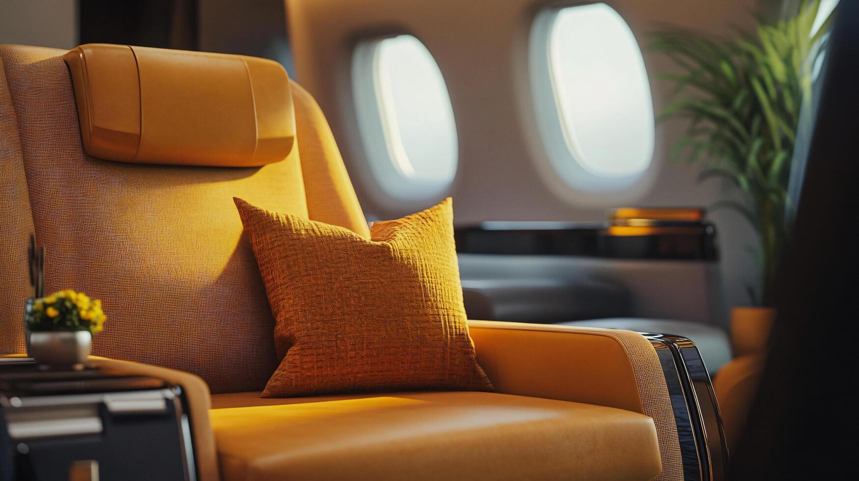 Tan chair with a yellow pillow and a plant in the background. The chair is in a room with two windows, one of which is open photo