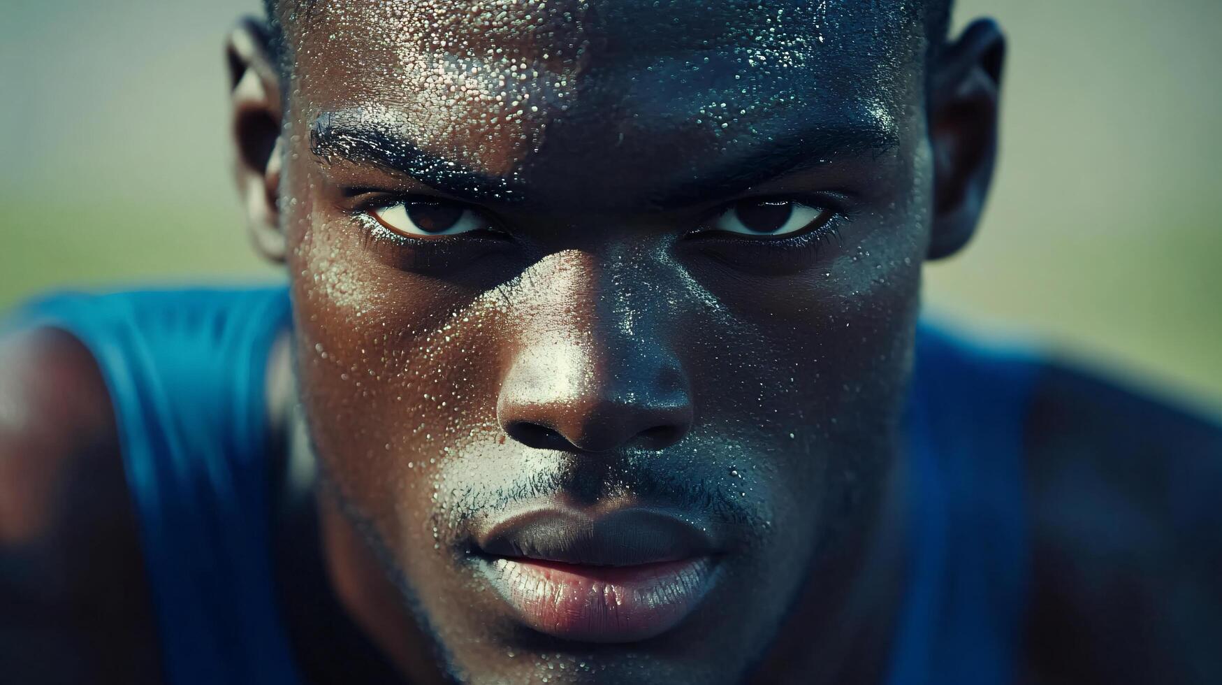 Man with a black face and blue shirt. He is sweating and has sweat on his face photo