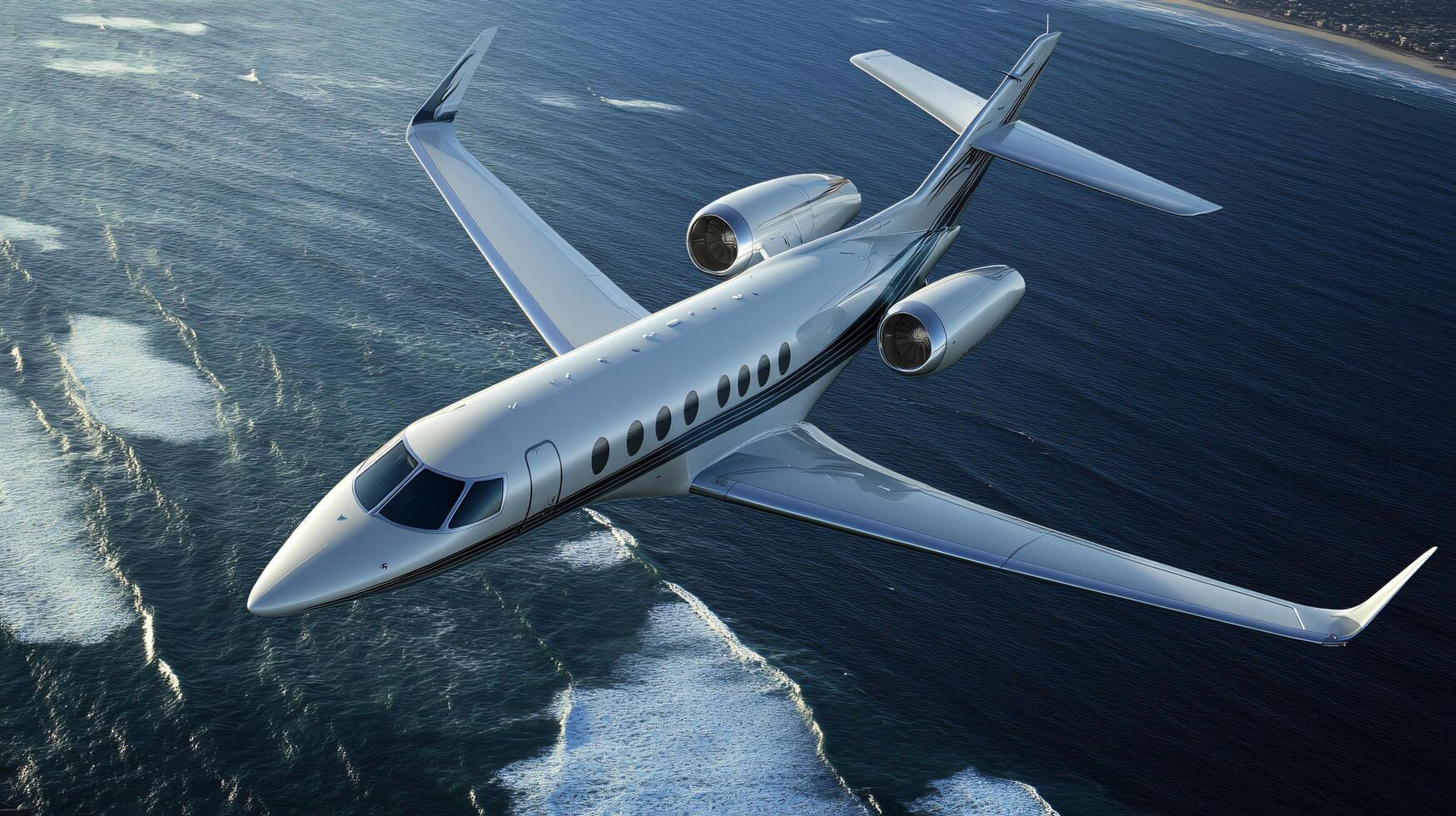 Jet plane is flying over the ocean. The plane is white and has a blue stripe on the side. The sky is clear and the water is calm photo