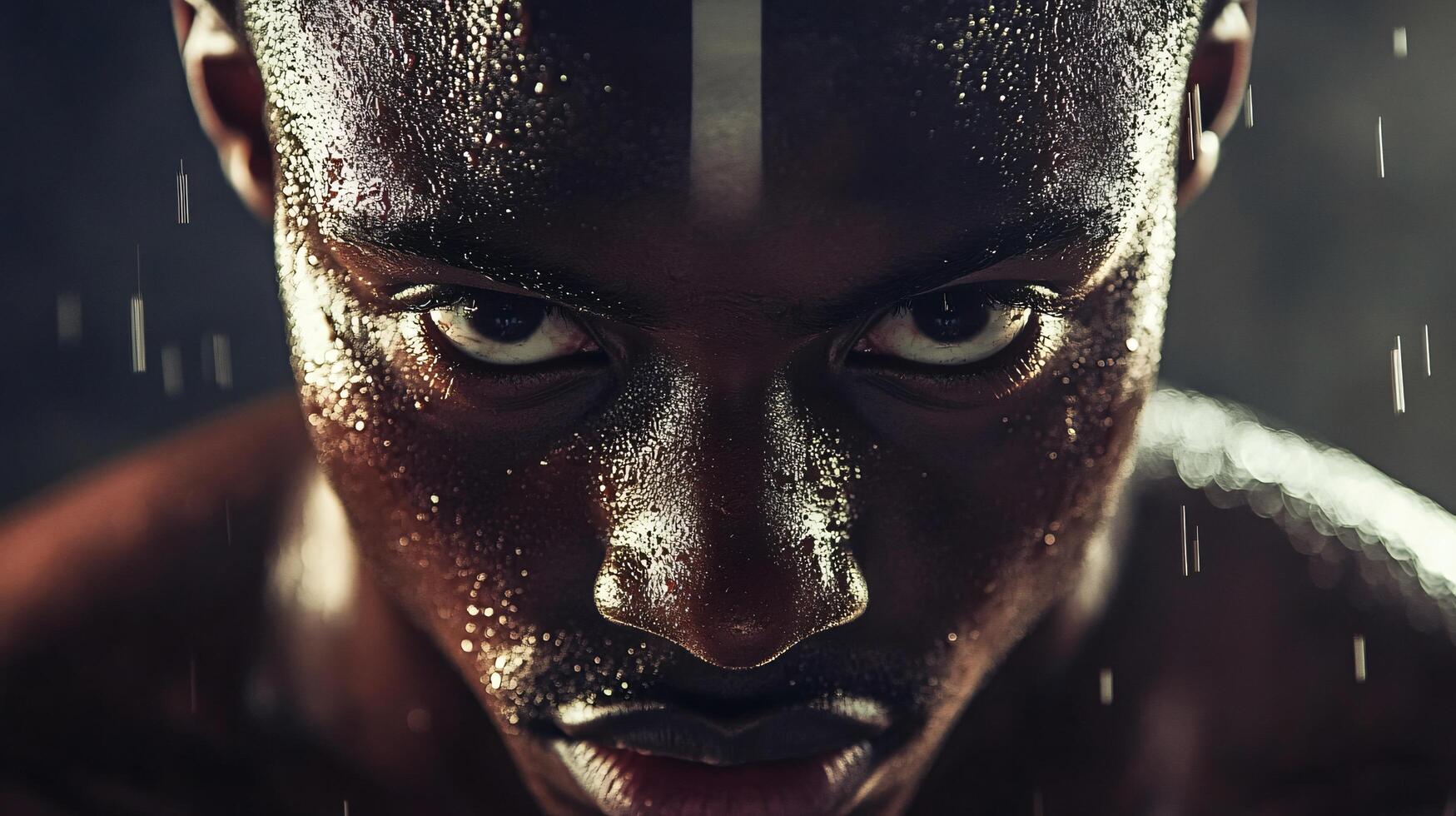 Man with sweat on his face and a serious expression. The man is wearing a shirt and shorts photo