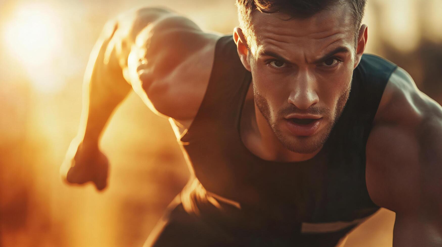Man is running with his arms outstretched, looking ahead. Concept of determination and focus as the man pushes himself to reach his goal photo