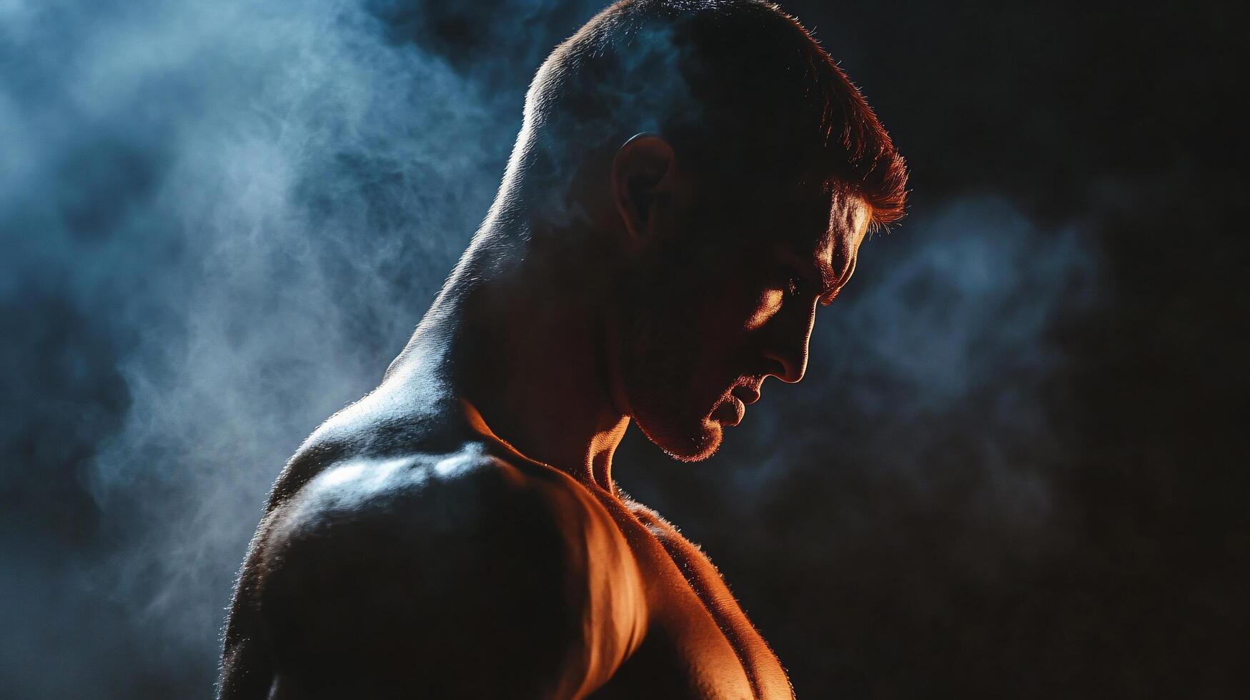 Man is standing in the rain with his arms crossed. He is wearing a shirt and has sweat on his face photo