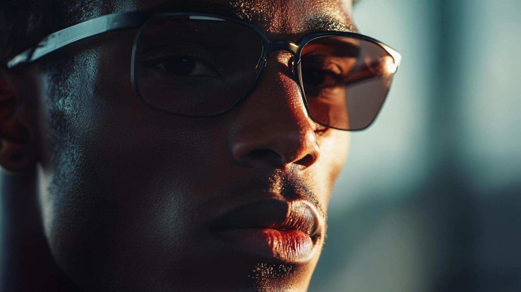 Man with glasses is looking at the camera. The image has a moody and mysterious feel to it photo