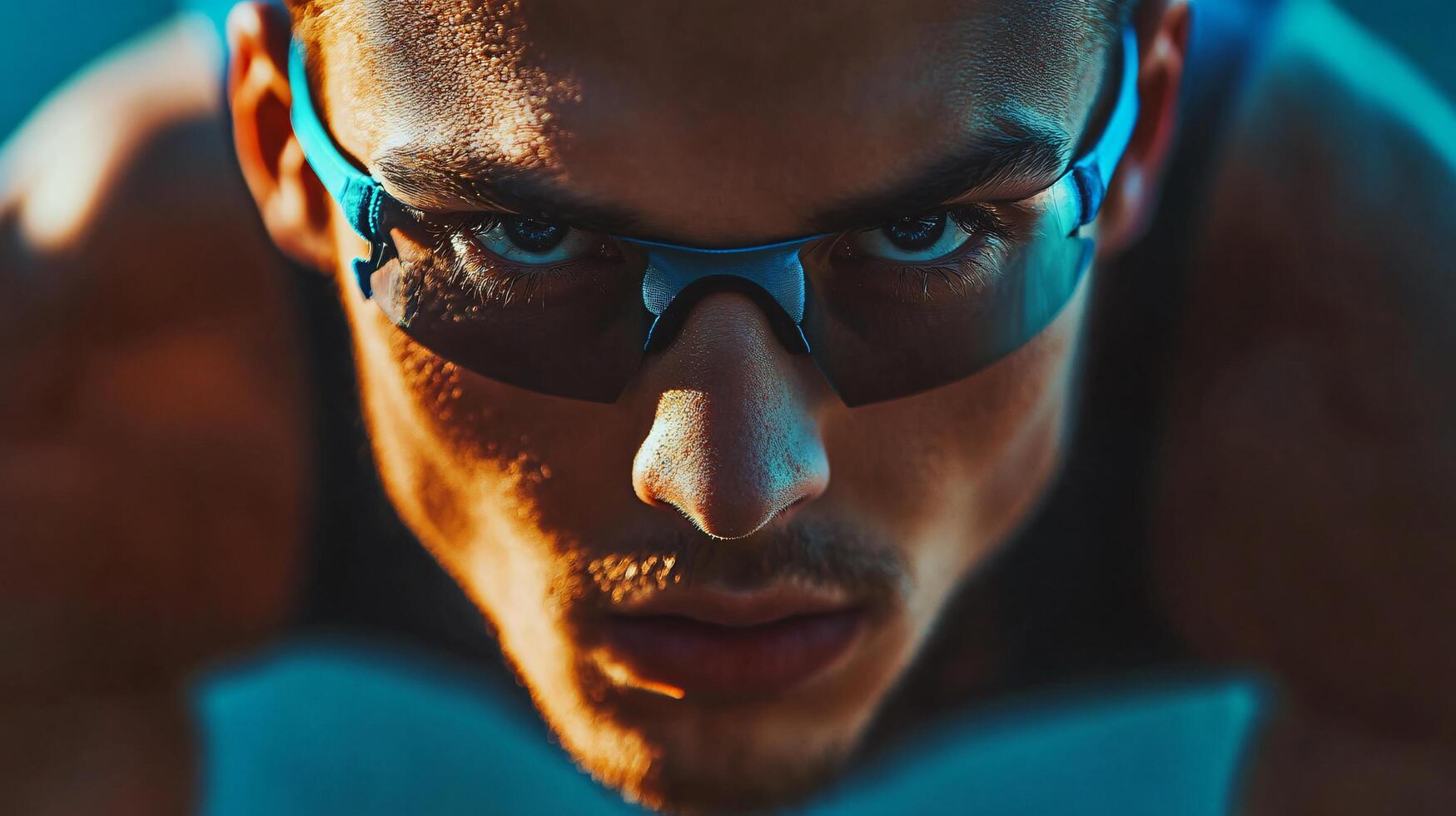 Man with glasses and a wet face. The man is wearing a black tank top and is looking at the camera photo