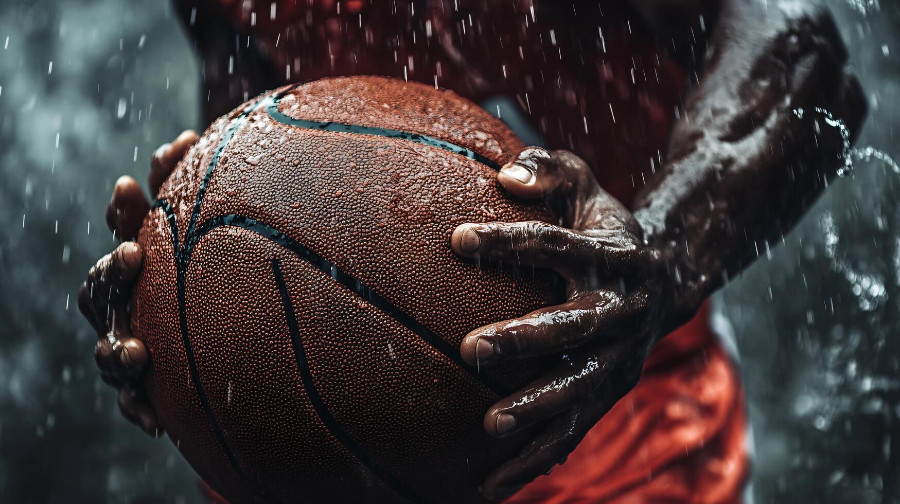 Basketball is being held by a person in a wet environment. The ball is wet and the person is holding it with both hands photo