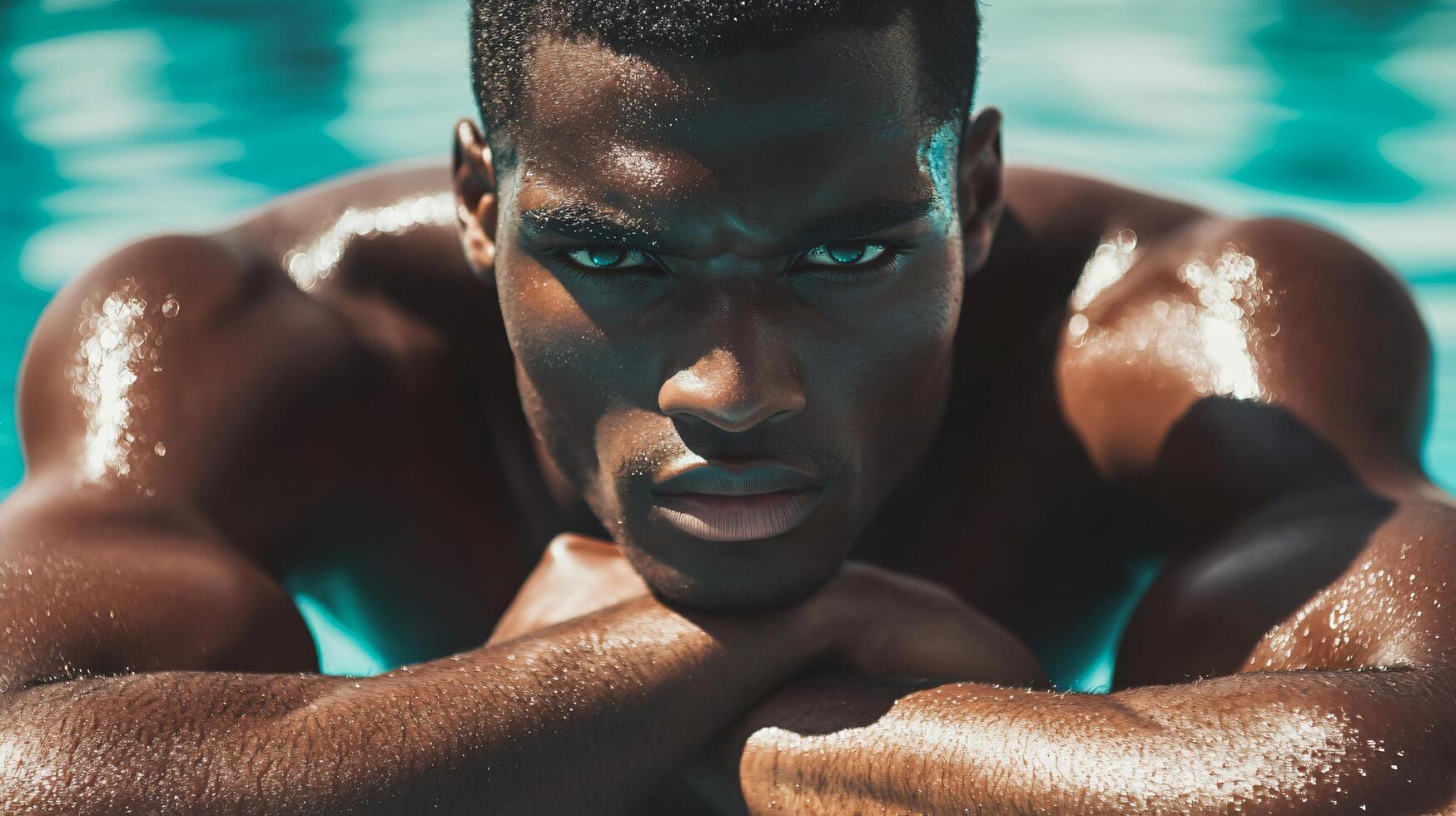 Man with a muscular build is posing for a picture in a pool. Concept of confidence and strength, as the man is fully clothed and he is enjoying himself. The pool setting adds a sense of leisure photo