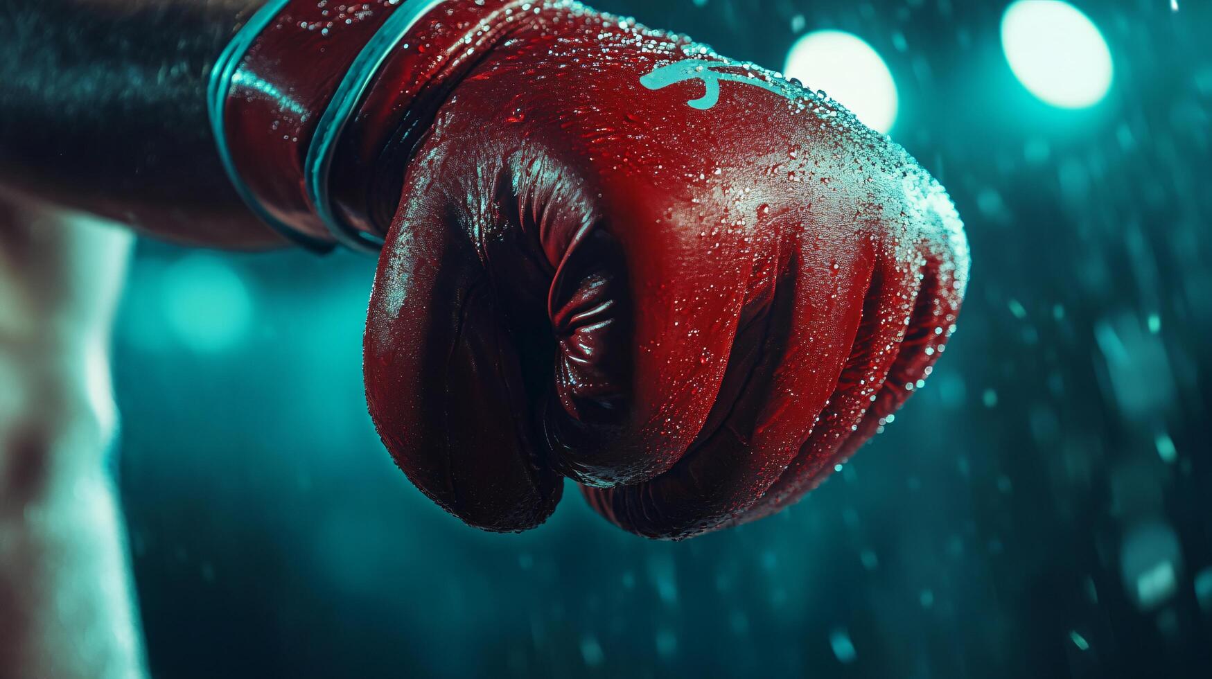 Boxing glove is wet and red. The glove is being held by a person. The image has a mood of determination and strength photo