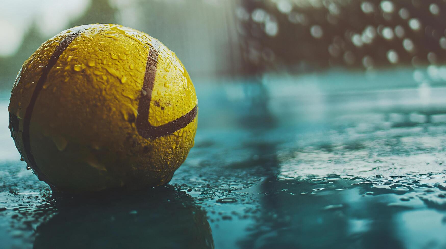 Yellow tennis ball is sitting on a wet surface. The ball is surrounded by water droplets, giving it a shiny and reflective appearance. Concept of calmness and tranquility photo