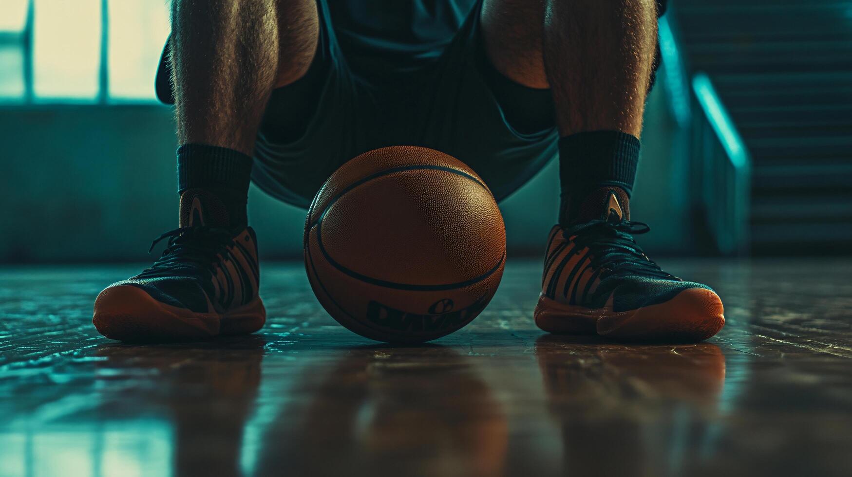 Man is crouching down with a basketball in his hand. The ball is orange and black photo
