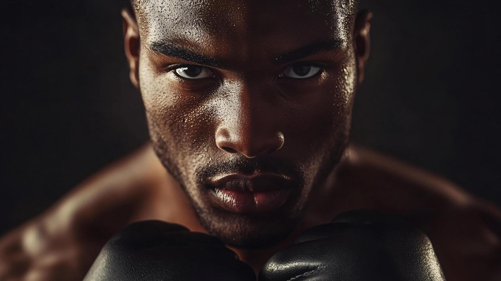 Man with a black face and sweat on his face. He is wearing boxing gloves. Scene is intense and focused photo