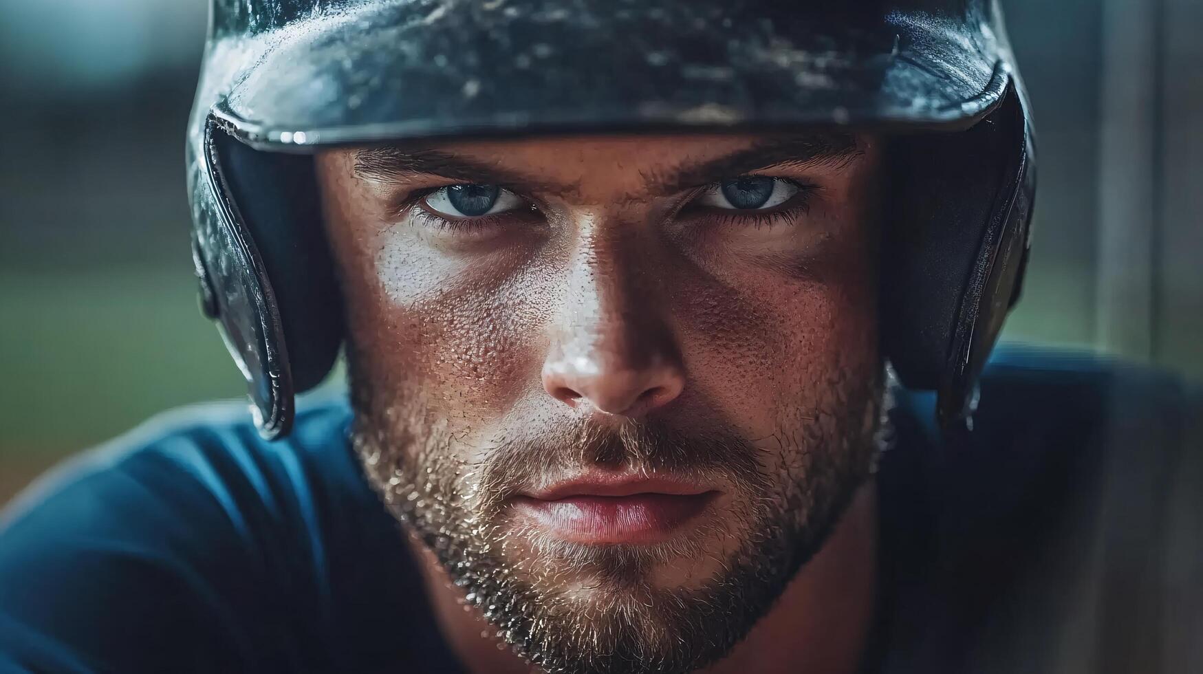 Baseball player with a helmet on his head. The man has a serious expression on his face photo
