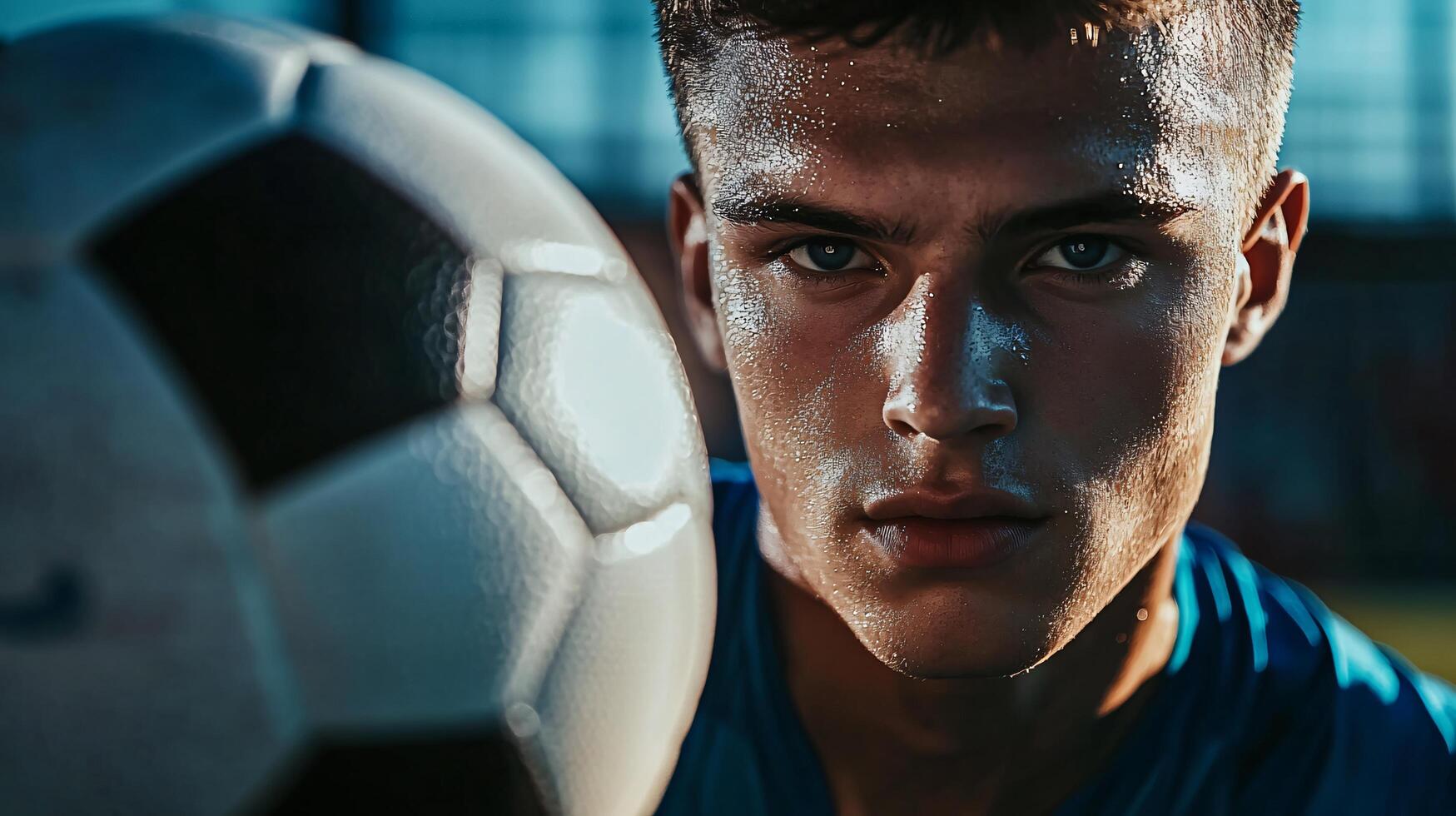 Man is standing in front of a soccer ball. He is wearing a blue shirt and he is sweating photo