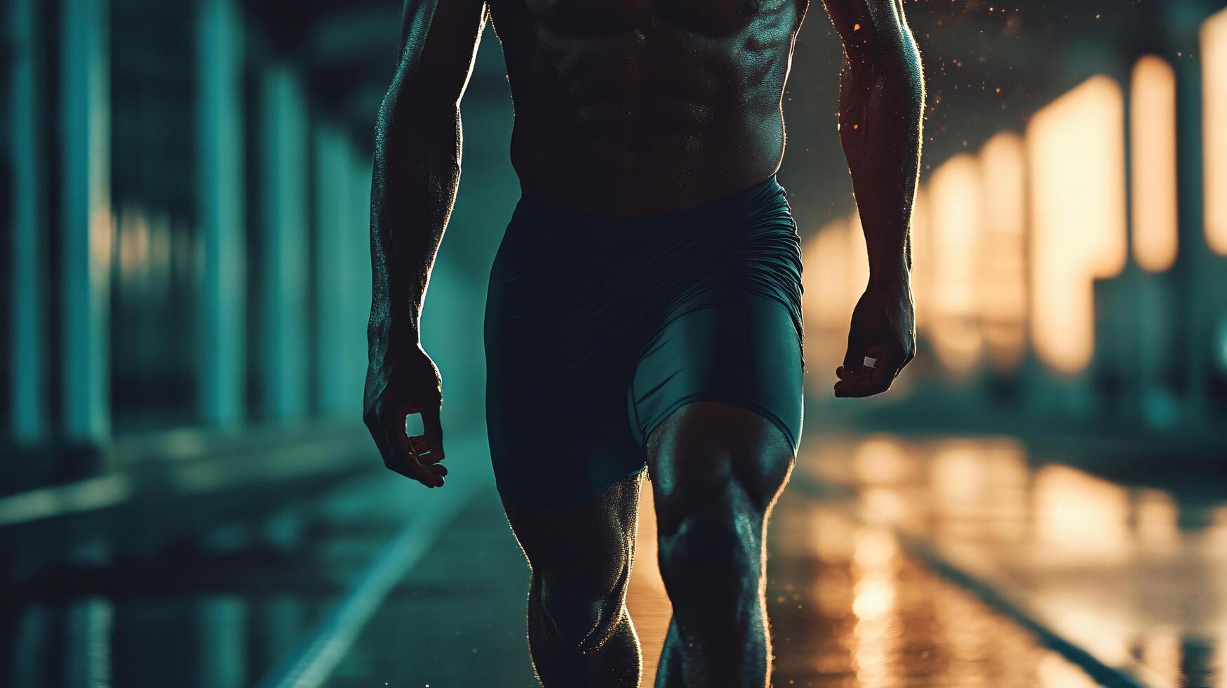 Man is walking in a dark hallway with his legs apart. Concept of solitude and determination photo
