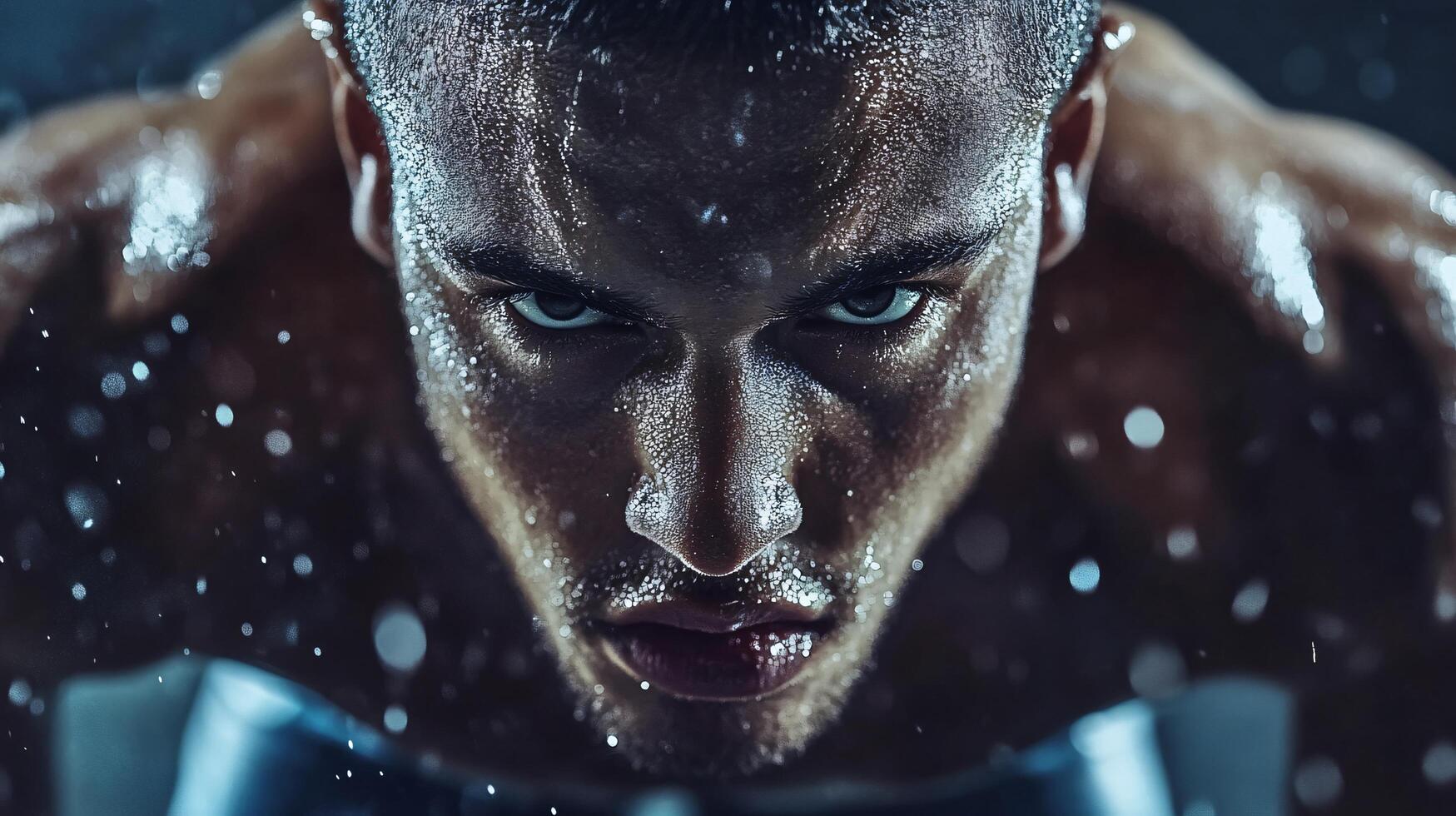 Man with sweat dripping from his face. The man is wearing a blue shirt and is looking at the camera photo