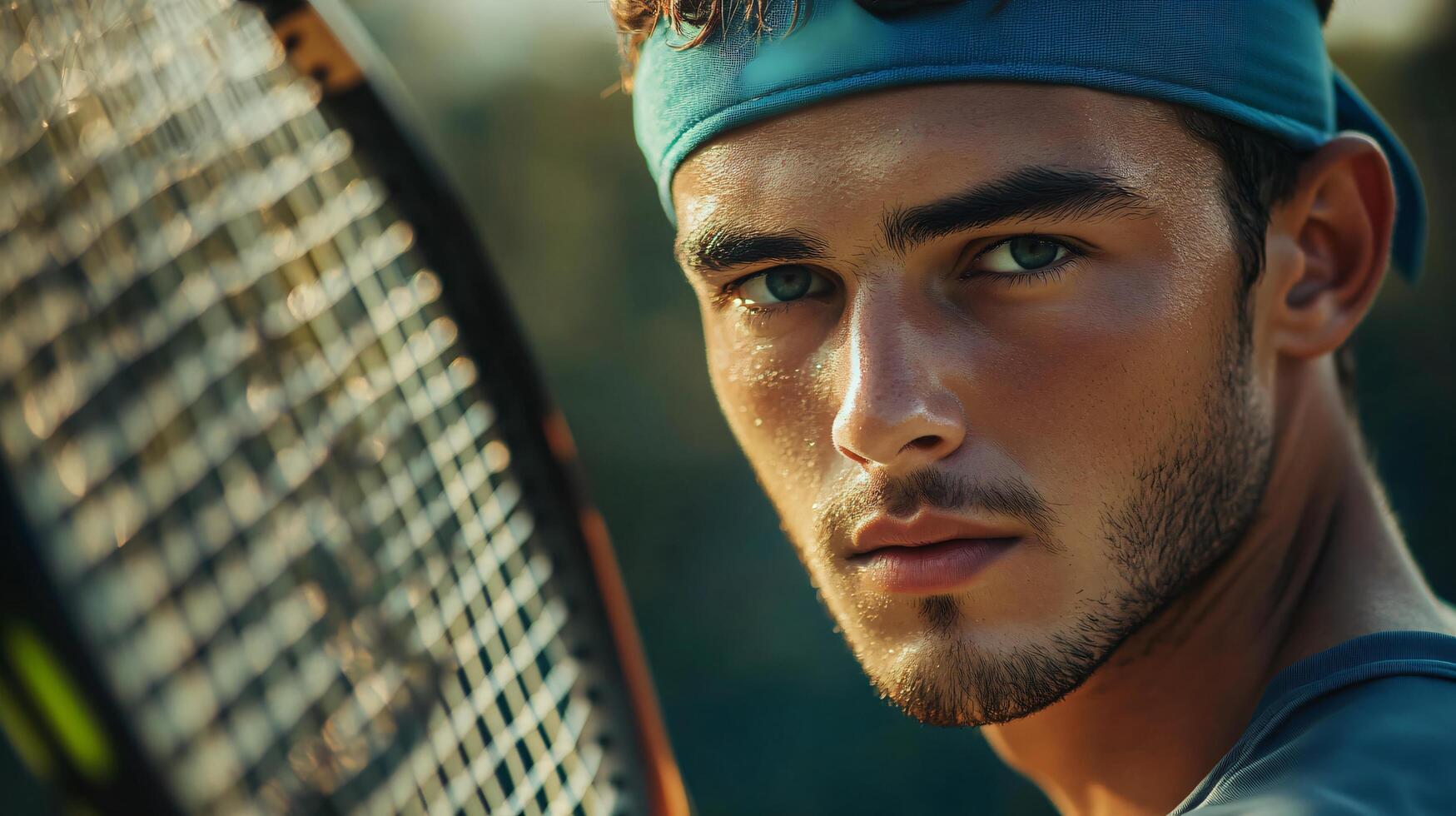 Man with a blue bandana on his head is holding a tennis racket. He has a serious expression on his face photo