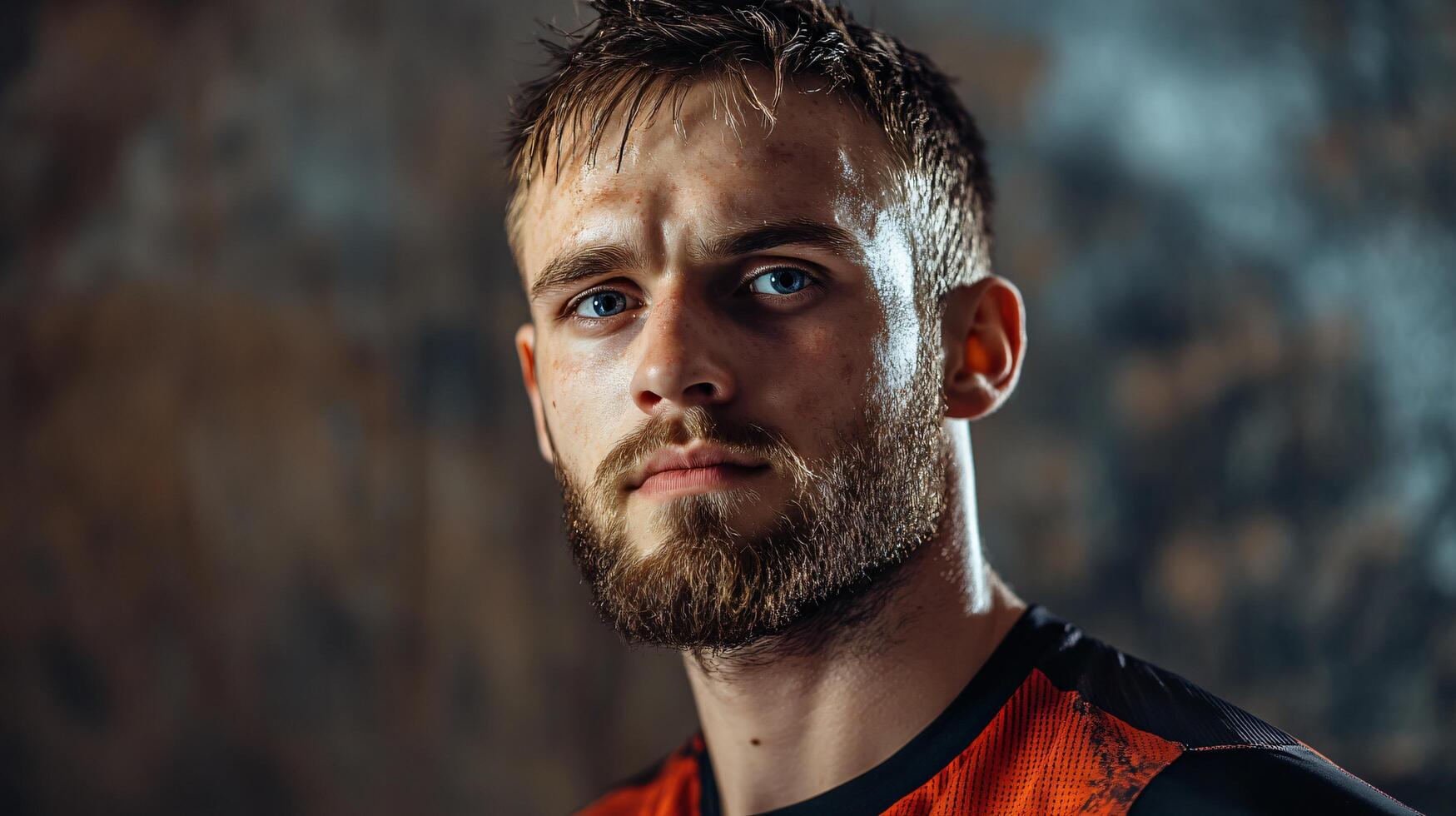 Man with a beard and a sweatband on his head. He is wearing an orange shirt photo