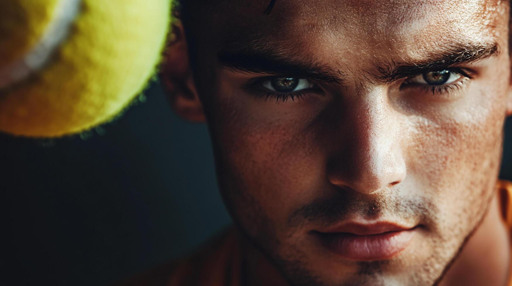 Man is holding a tennis ball in his hand. He is wearing a yellow shirt and has a serious expression on his face photo