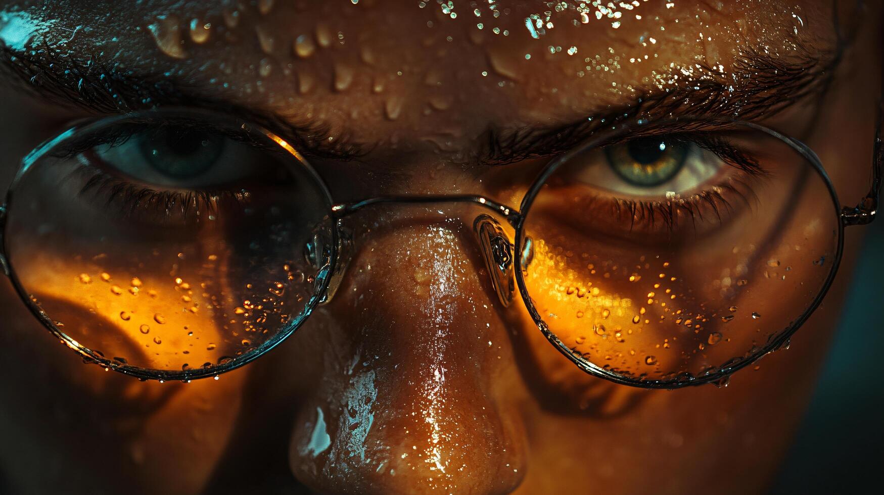 Person with glasses and wet eyes. The person is wearing glasses and has water droplets on their face photo