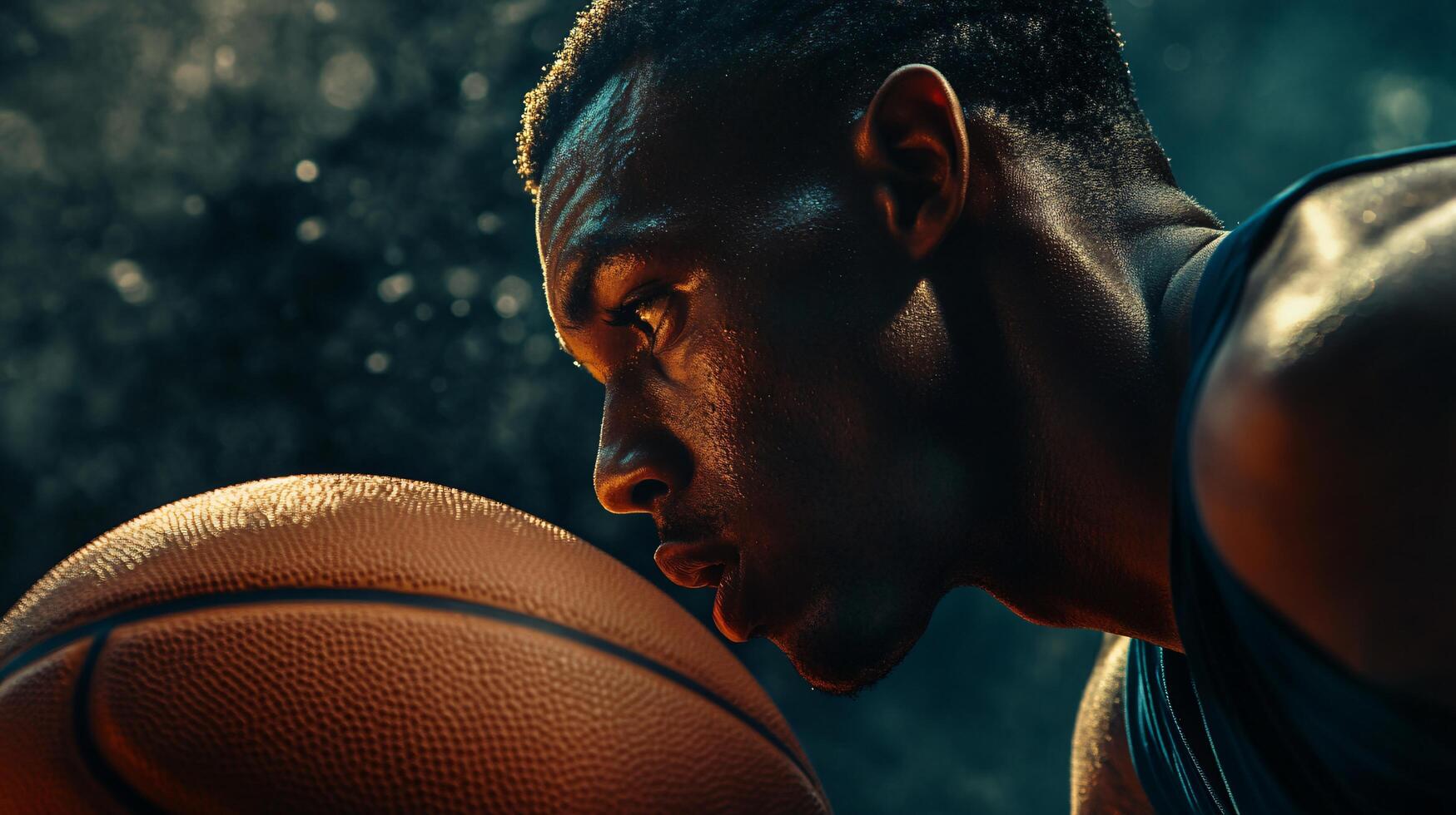 Basketball player is holding a basketball in his hand. Concept of determination and focus as the player prepares to shoot the ball photo