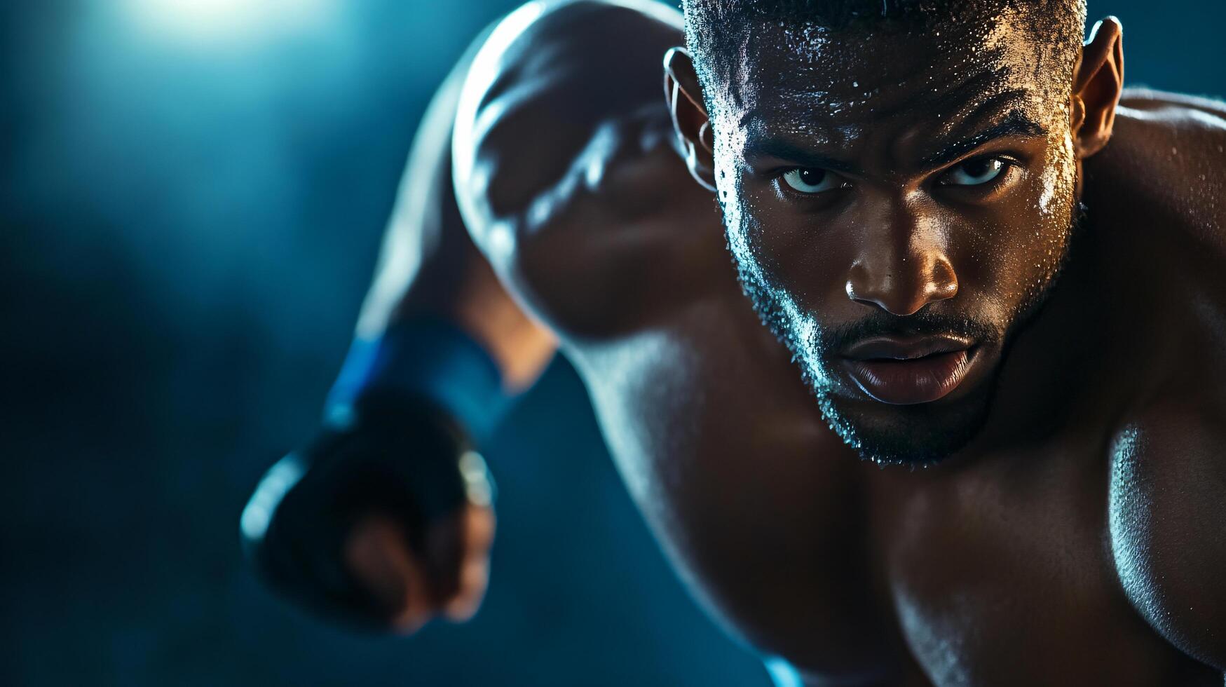 Man with a sweaty face is running with his fist in the air. Concept of determination and strength photo