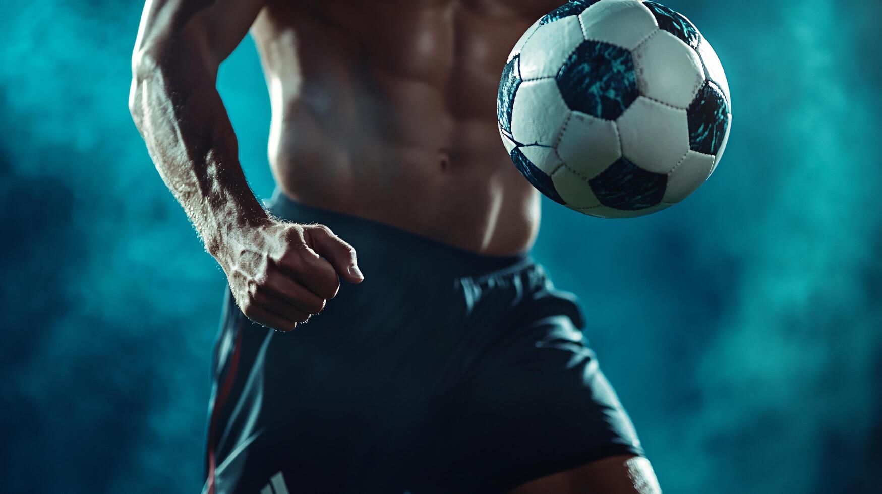 Man is holding a soccer ball in his hand. Concept of athleticism and excitement, as the man is in the midst of a game or practice. The blue background adds a sense of depth photo