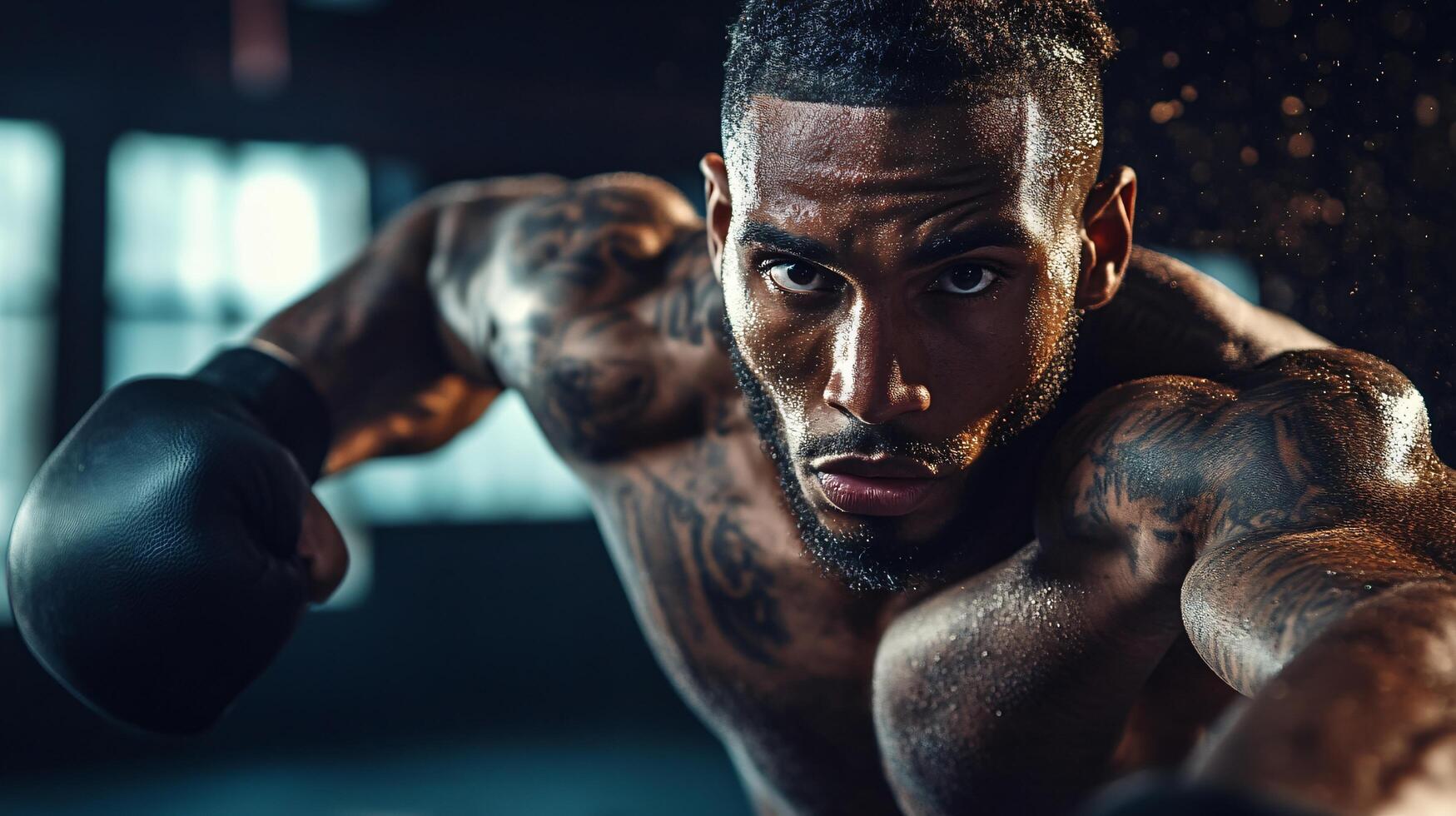 Man with tattoos on his arms and face is boxing. He is sweating and has a determined look on his face photo