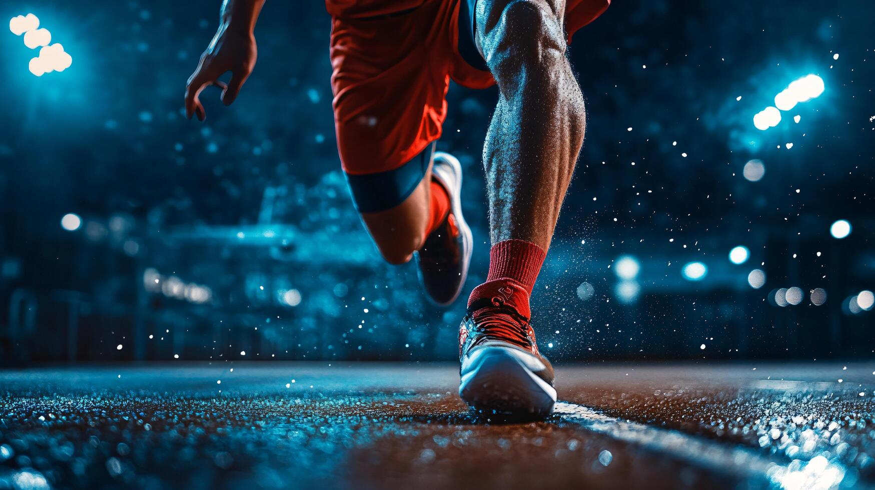 Man running on a wet field with lights in the background. Scene is energetic and dynamic photo